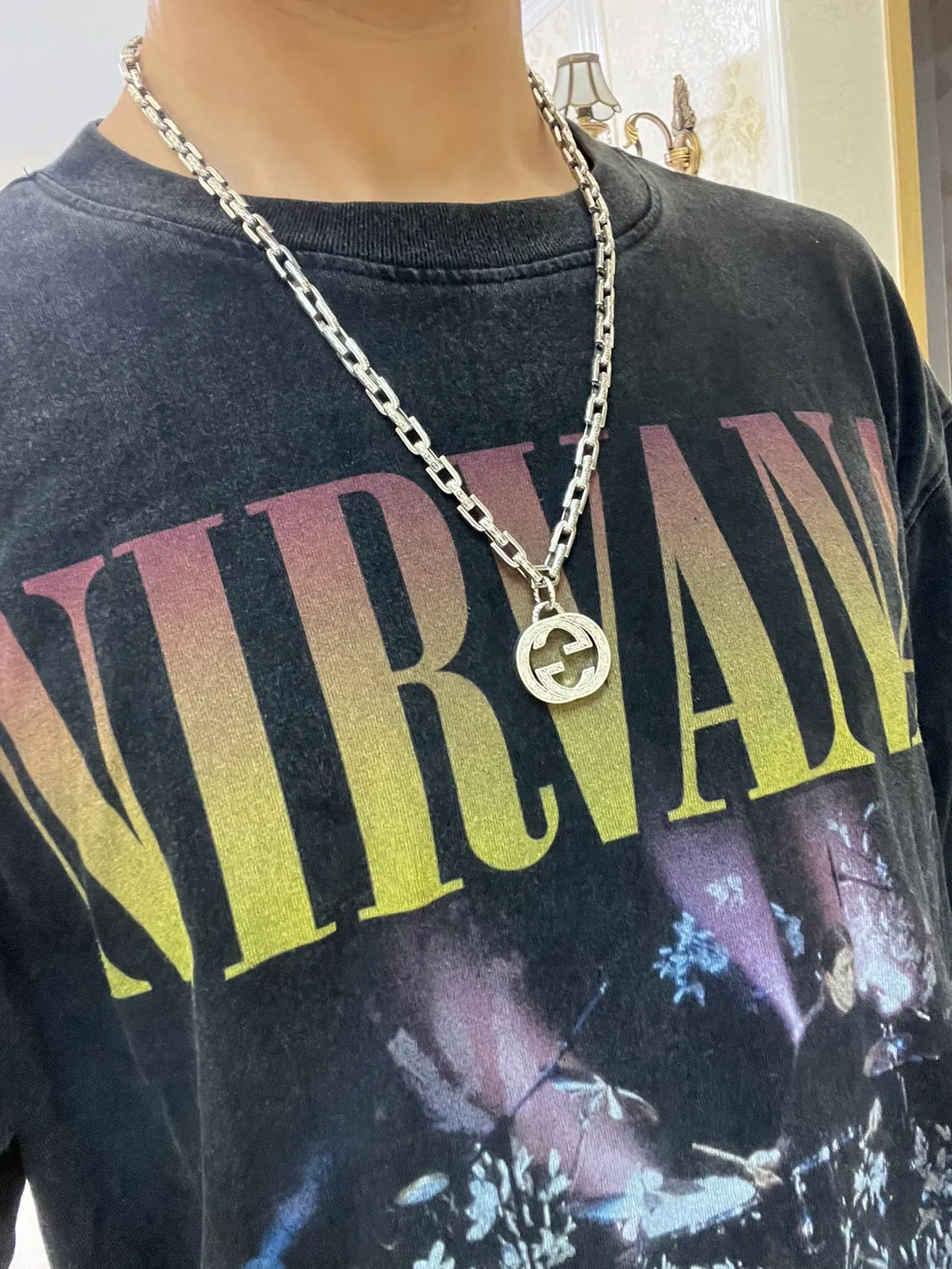 Gucci GG Marmont Silver Ornate Engraved Pendant Necklace