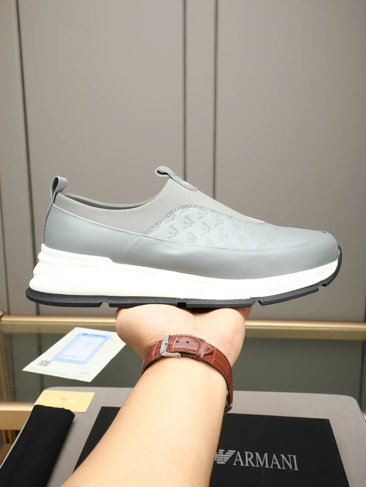 Giorgio Armani Gray White Slip-On Embossed Logo Panel Lifestyle Sneakers