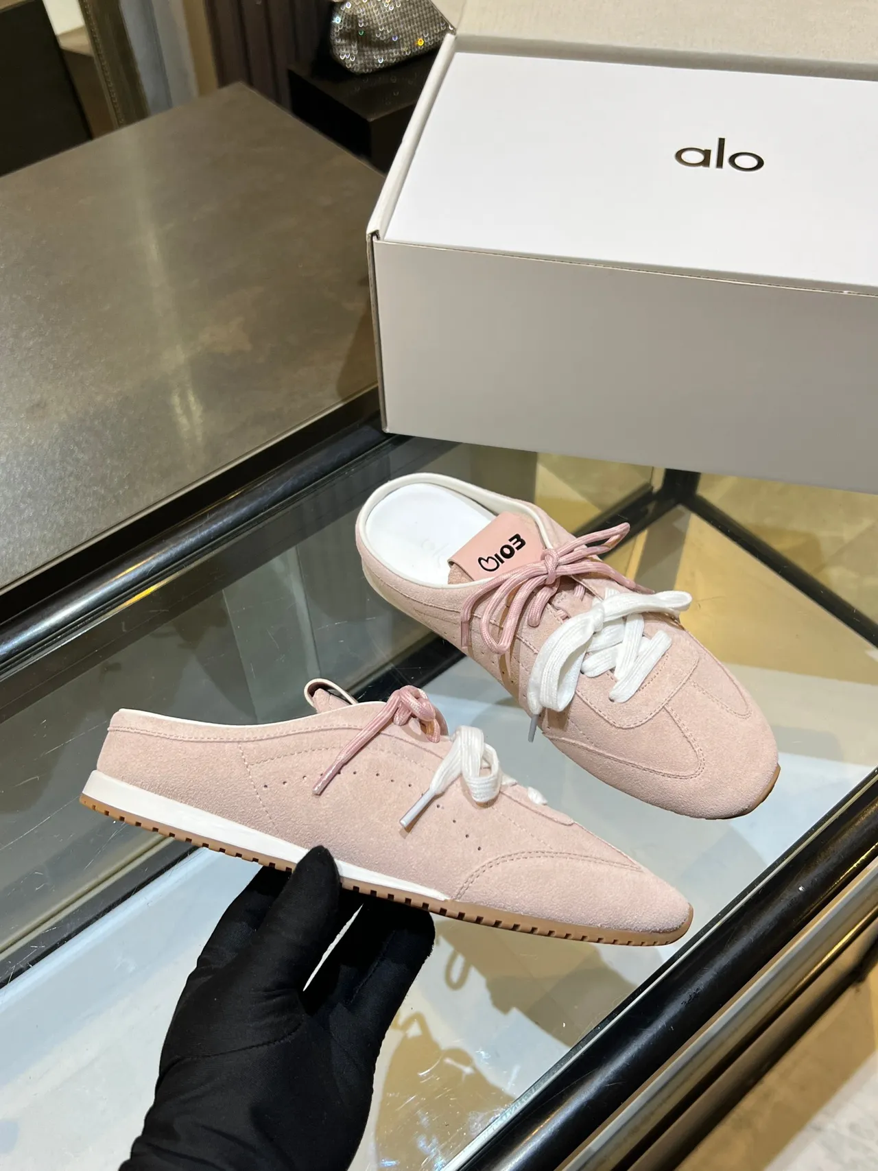 Alo Pink White Suede Upper Dual-Tone Laces Sneakers