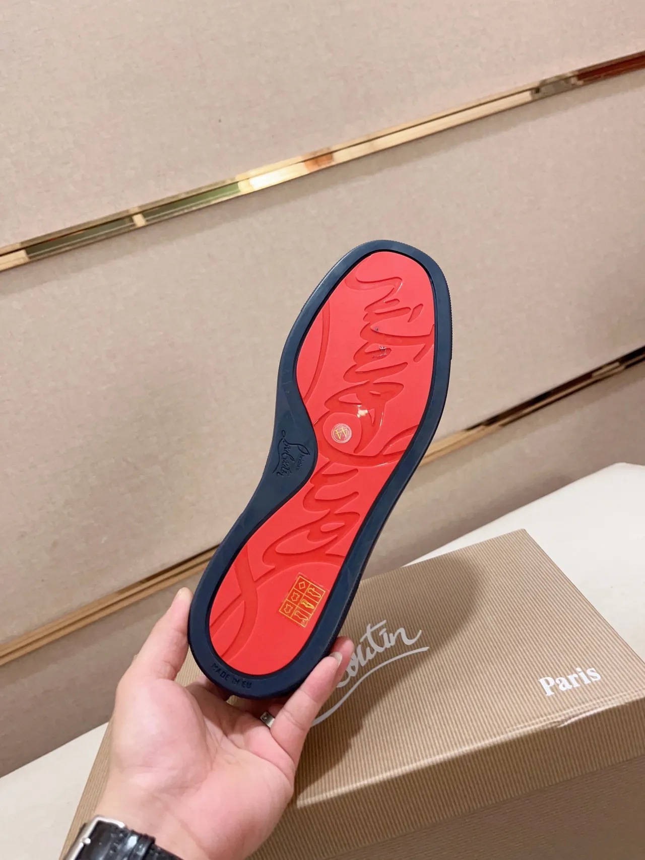 Christian Louboutin Navy Beige Suede Spiked Toe Cap Lifestyle Sneakers