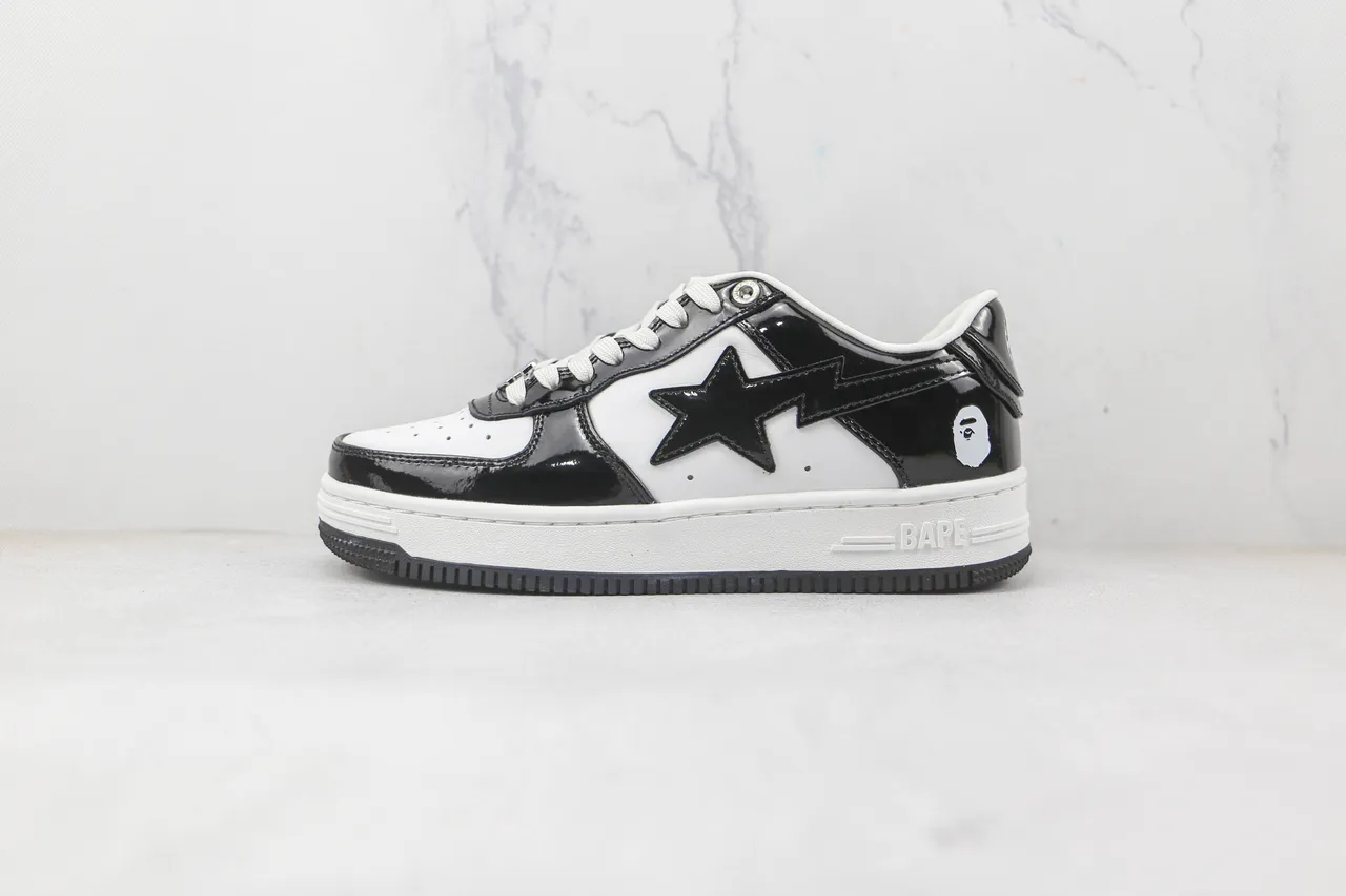 A Bathing Ape BAPE STA Black and White Patent Leather Lifestyle Sneakers