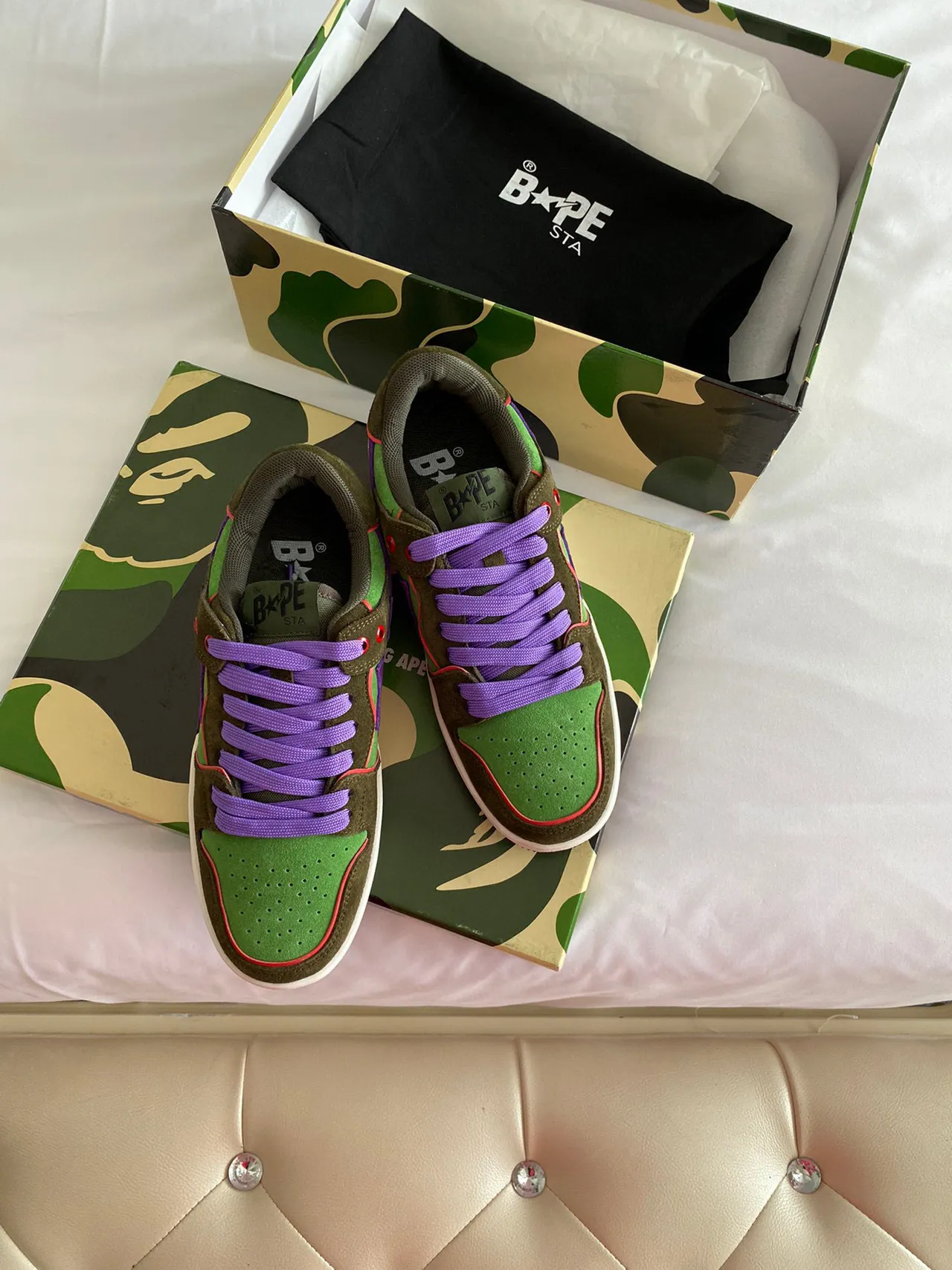 A Bathing Ape BAPE STA Army Green Purple Low-Top Suede And Textile Upper Lifestyle Sneakers