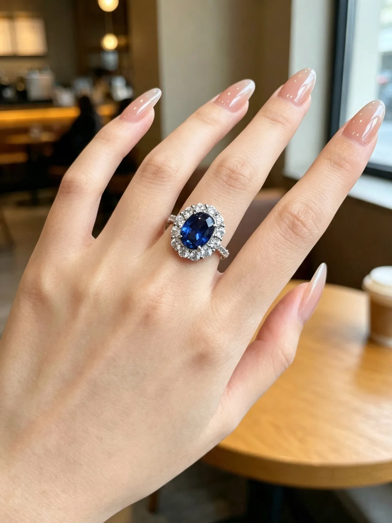 Blue Silver Oval-Cut Central Gemstone Halo Setting Ring