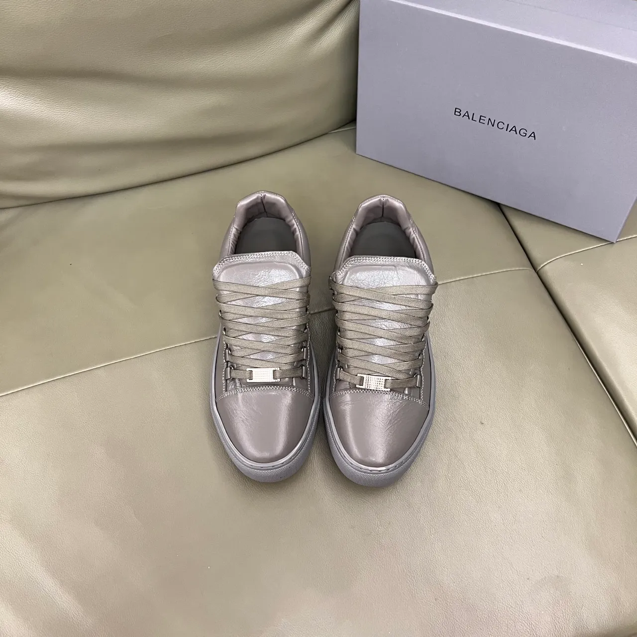 Balenciaga Silver Gray Metallic Leather Wide Flat Laces Lifestyle Sneakers