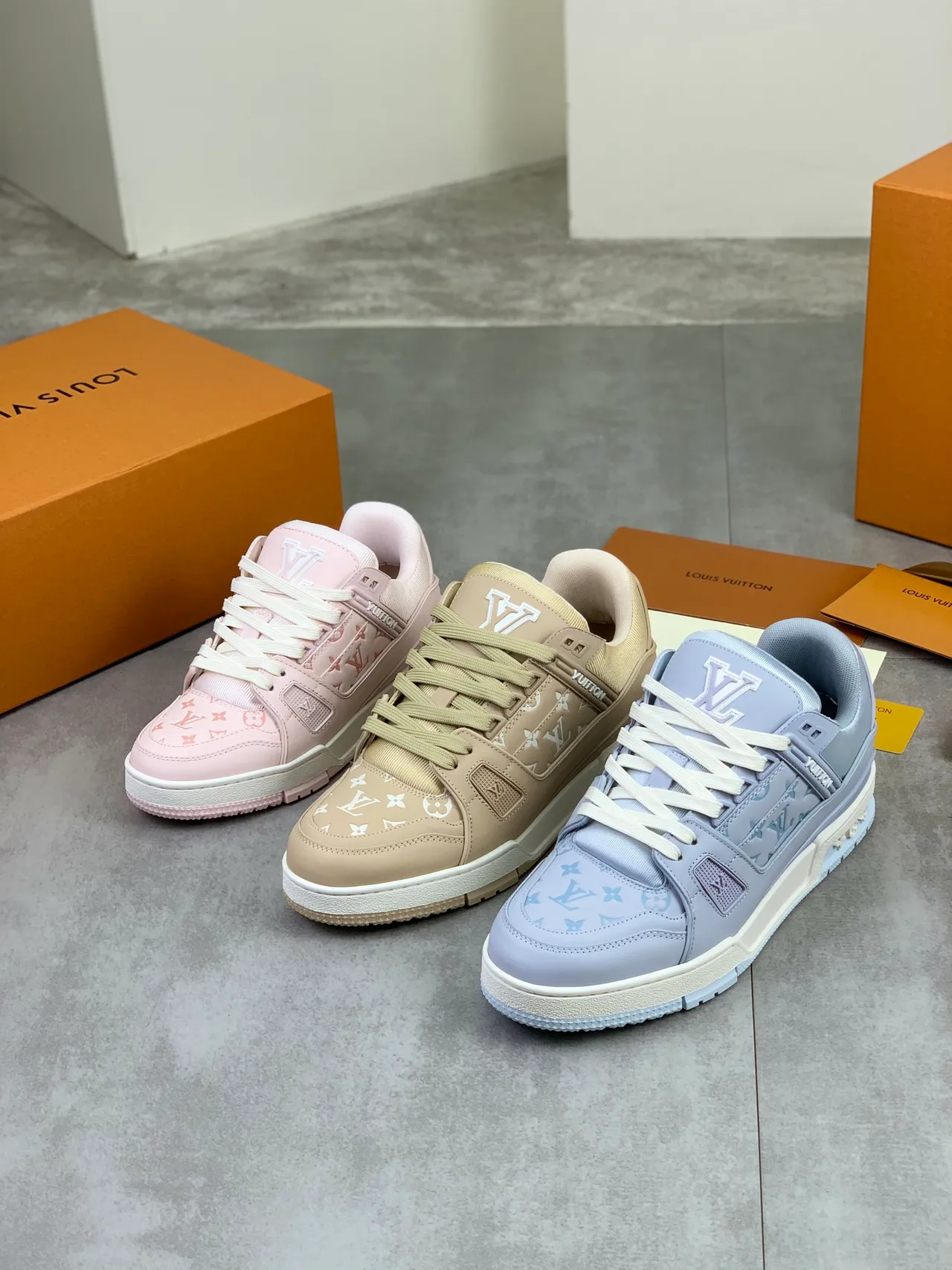 Louis Vuitton LV Trainer Pink White Monogrammed Leather Layered Heel Cage Lifestyle Sneakers