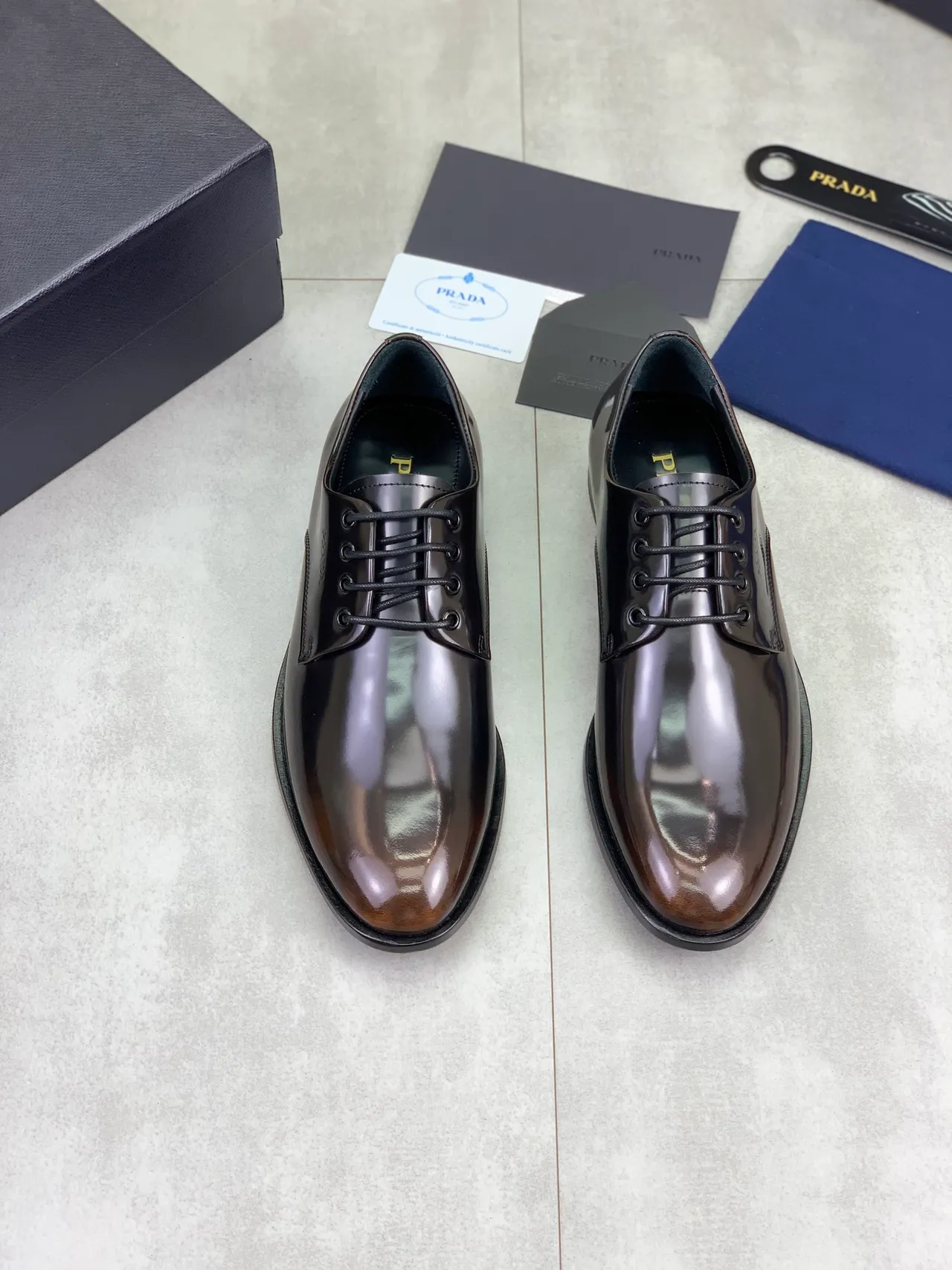 Prada Brown Black High-Gloss Patent Leather Cap-Toe Oxford Shoes