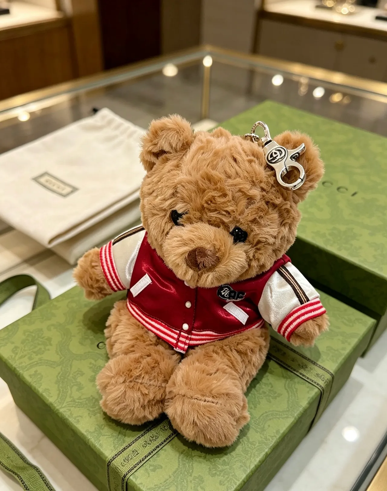 Gucci Brown Red Plush Teddy Bear Varsity Jacket Handbag