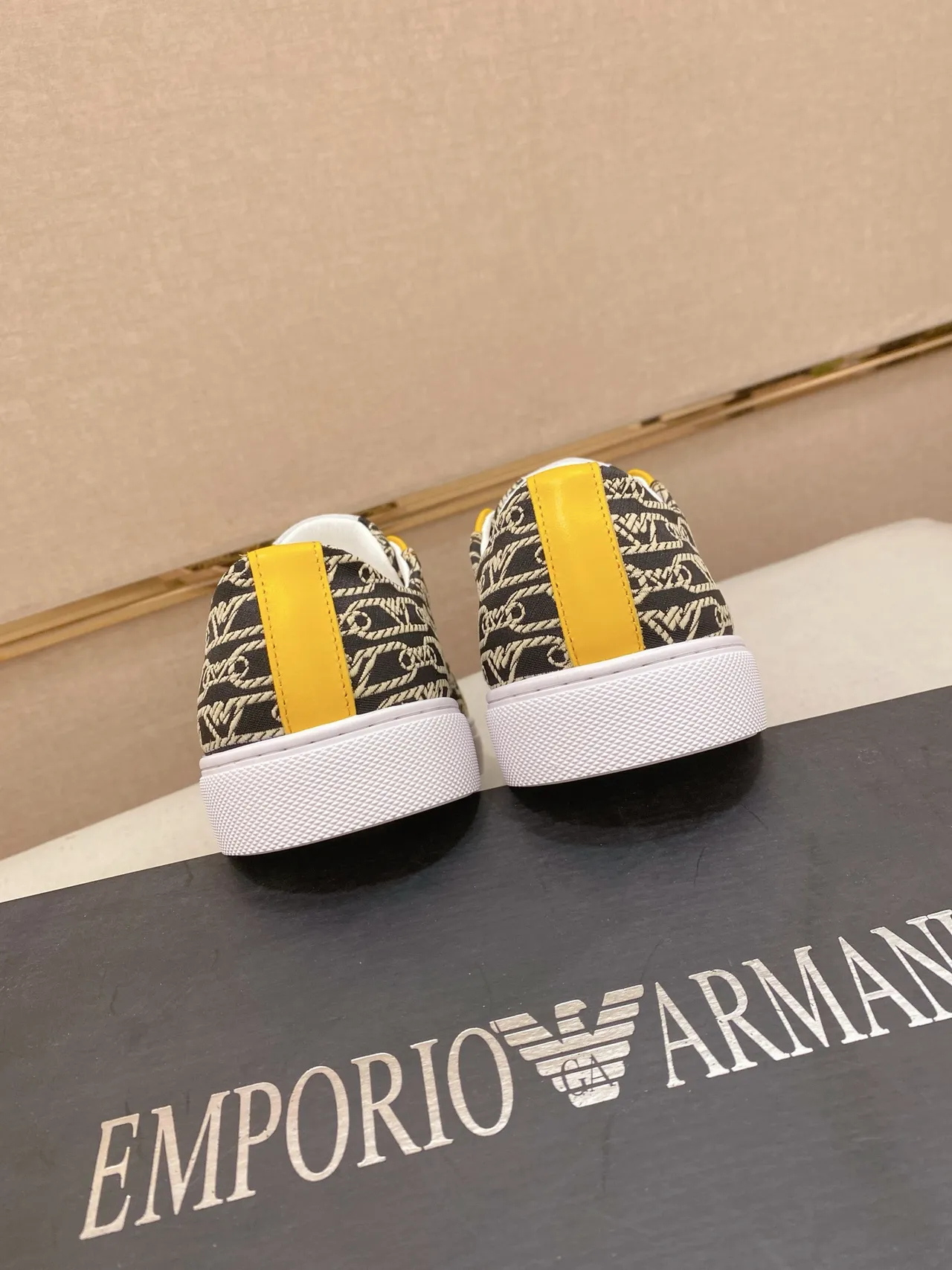 Emporio Armani Monogram Print and Yellow Panel Lifestyle Sneakers