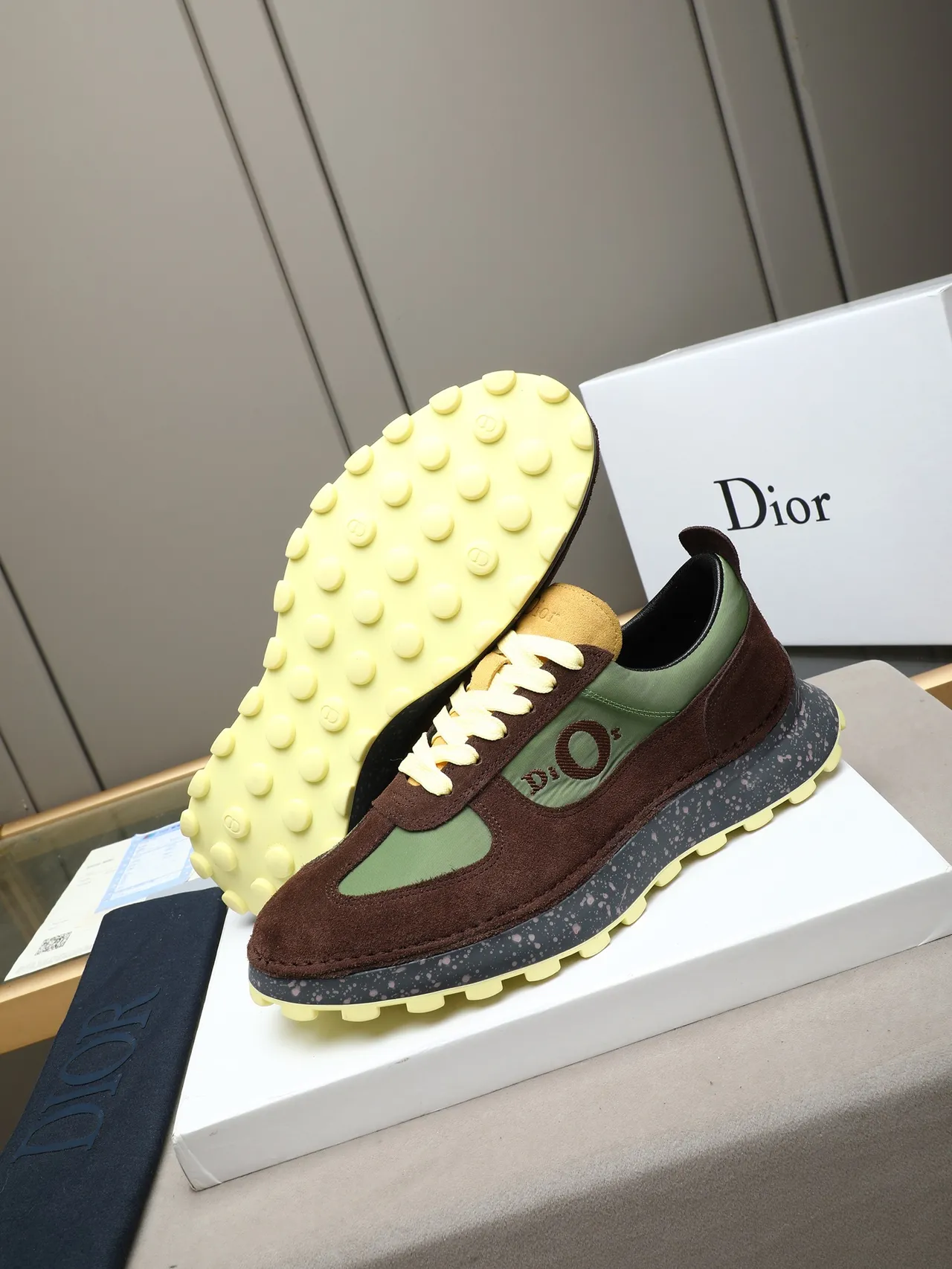 Dior Brown Green Multi-Material Upper Embroidered Logo Panel Lifestyle Sneakers