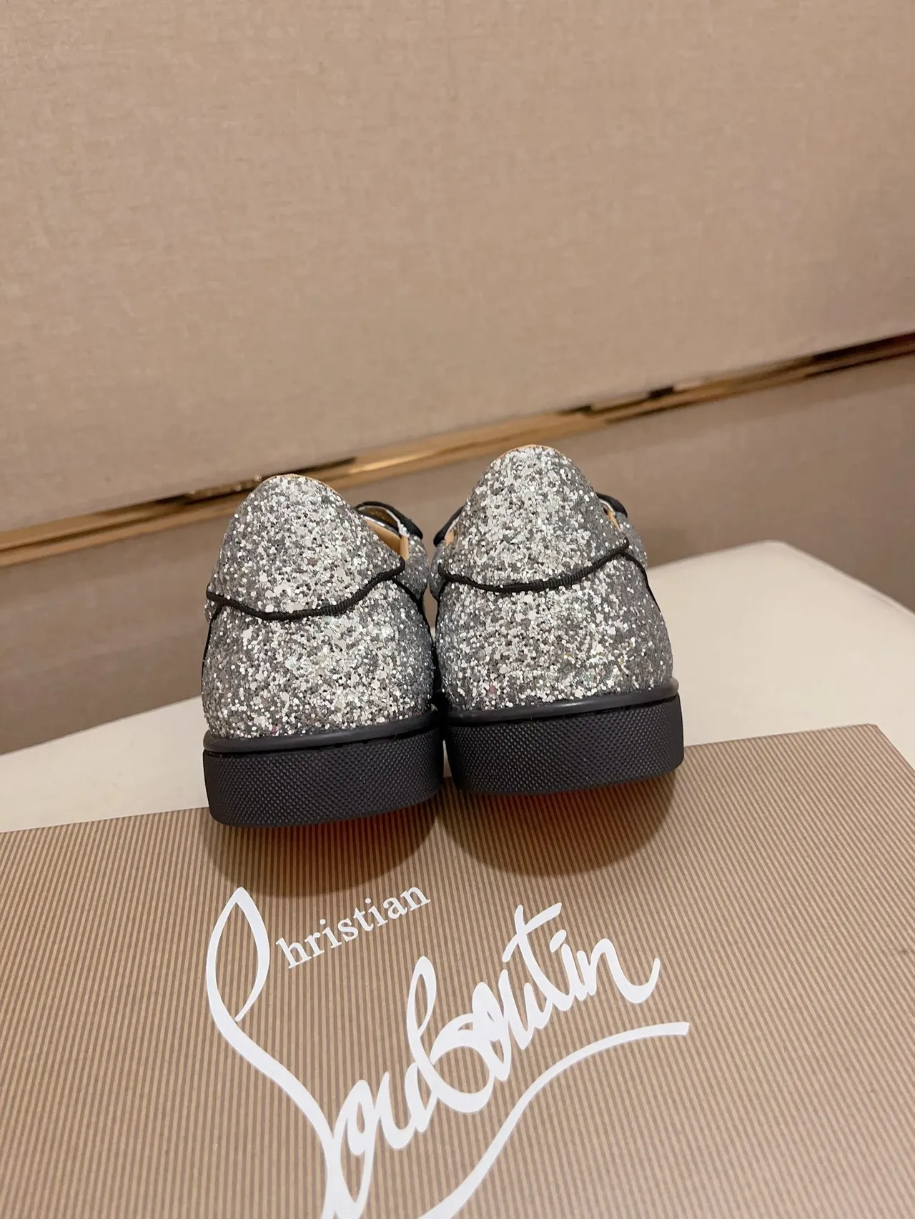 Christian Louboutin Silver Black Glitter Upper Studded Toe Cap Lifestyle Sneakers
