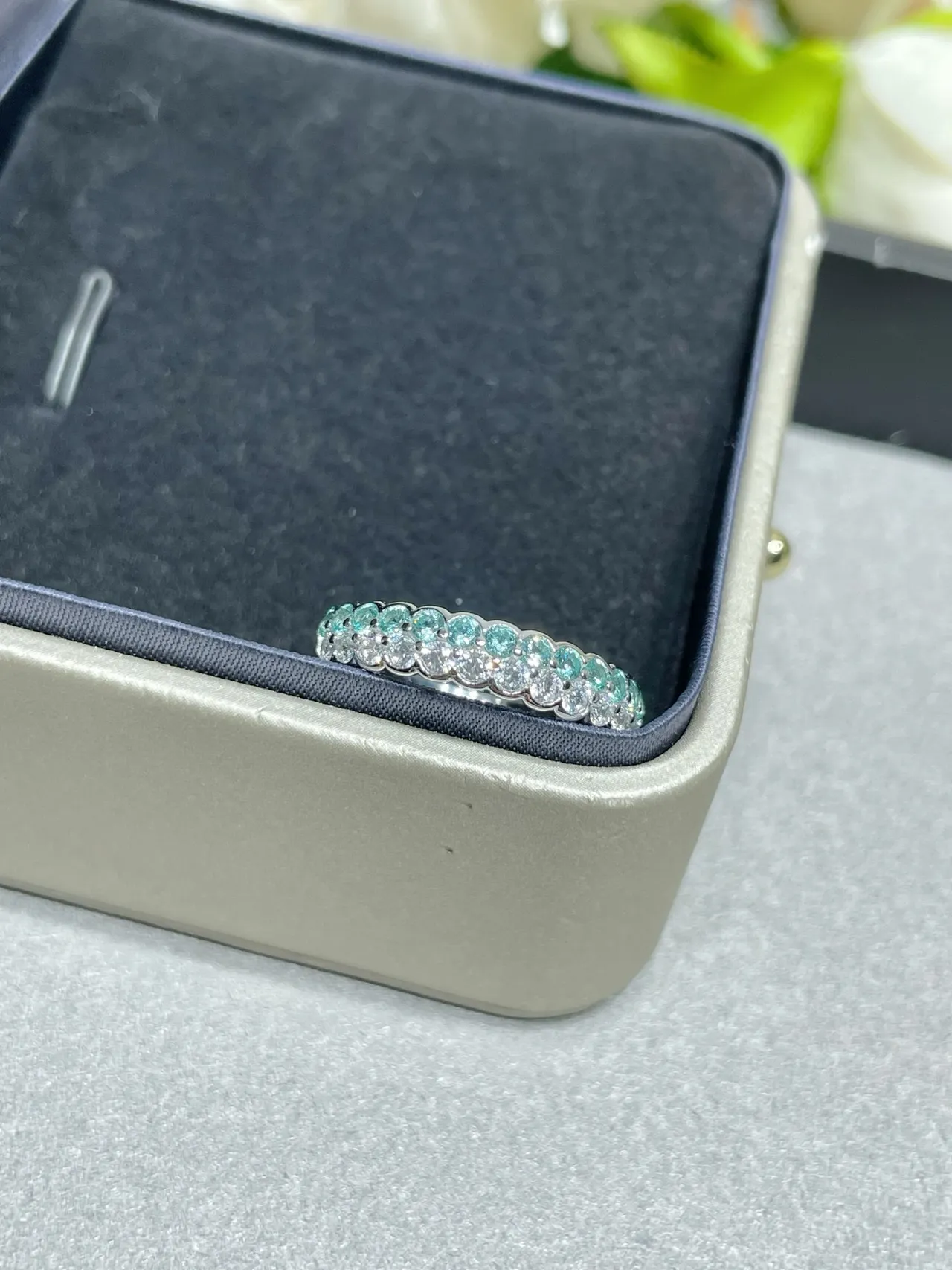 Silver-Tone Pavé-Set Teal and Clear Stone Stackable Eternity Rings