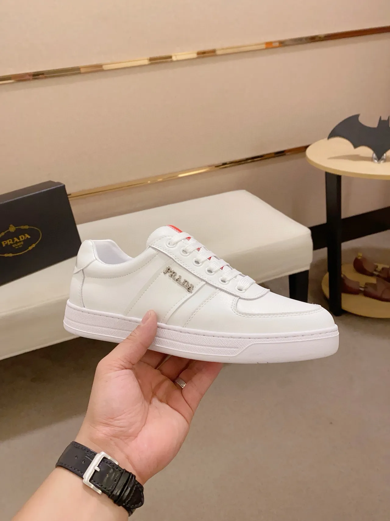 Prada White Red Low-Top Smooth Leather Lifestyle Sneakers