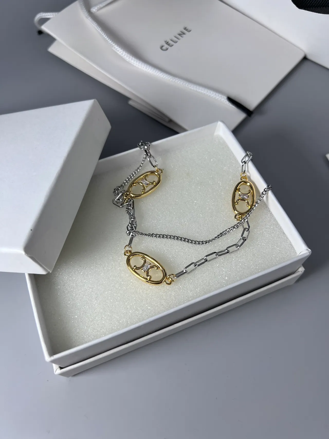 Celine Triomphe Silver Gold Double-Layer Chain Oval Logo Charms Necklace