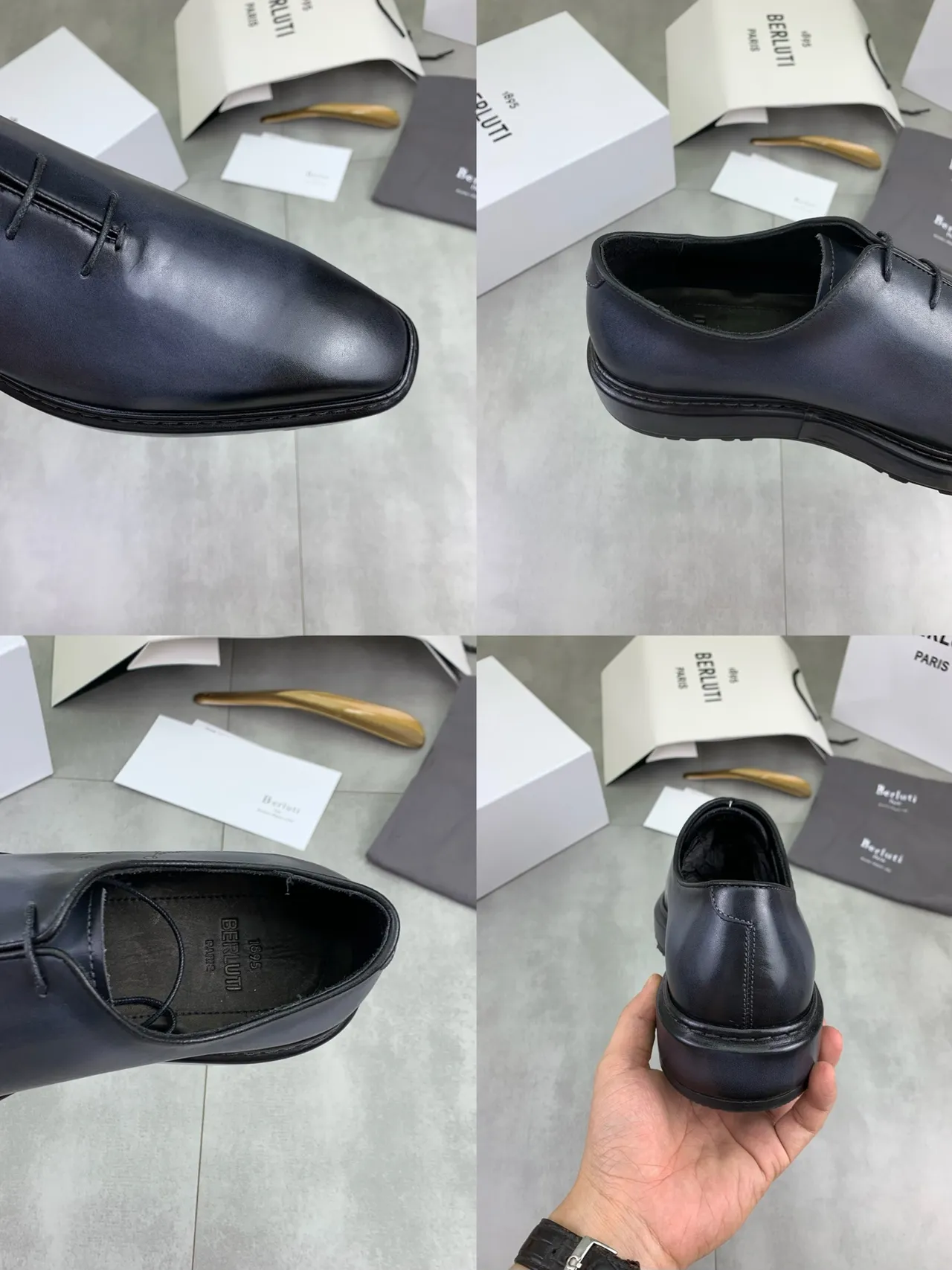 Berluti Navy Polished Leather Square-Toe Oxford Shoes