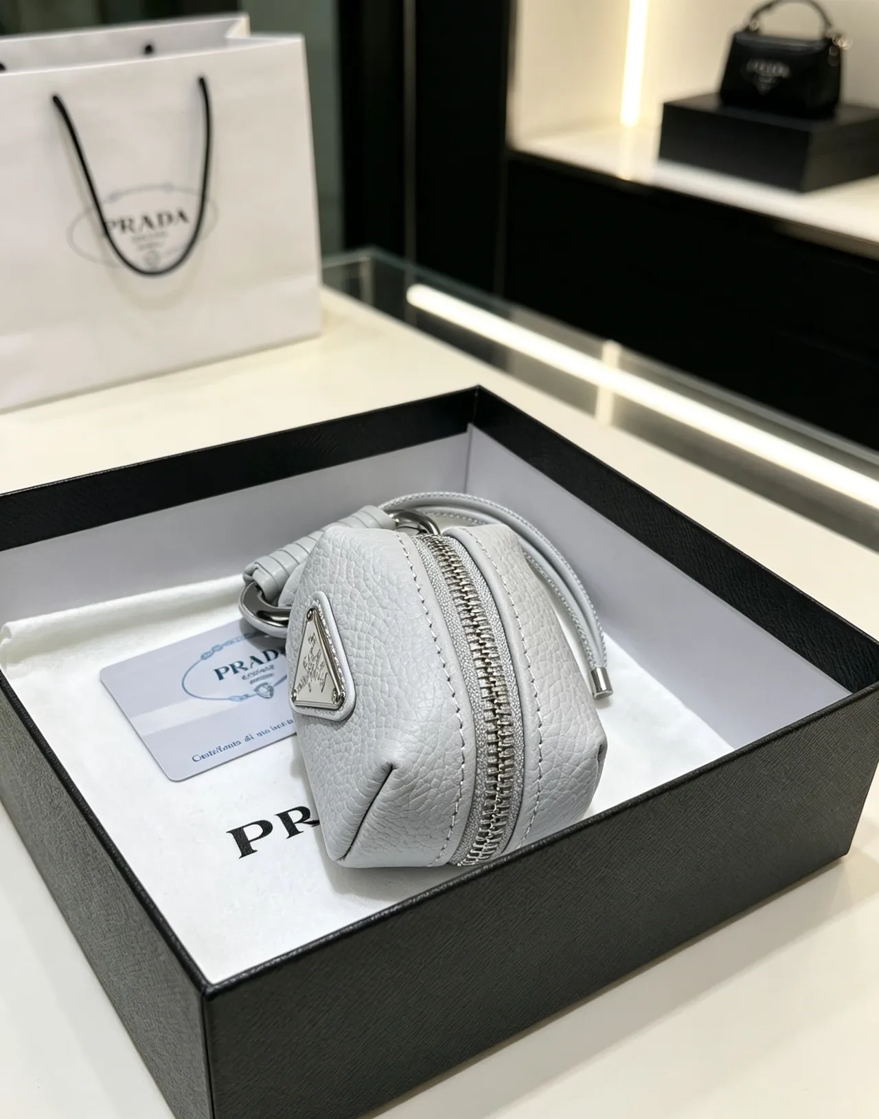 Prada Gray Silver Pebbled Leather Cylindrical Pouch Crossbody Bag