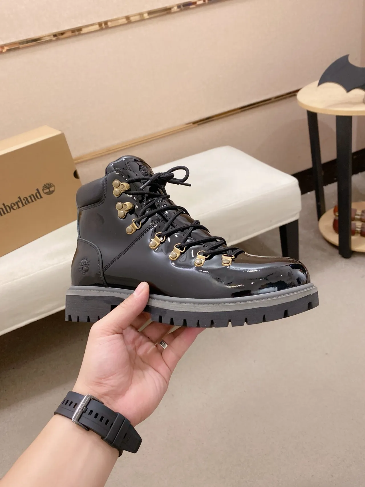 Timberland Black Gray Glossy Patent Leather Upper Gold-Tone Metal Hardware Work Boots