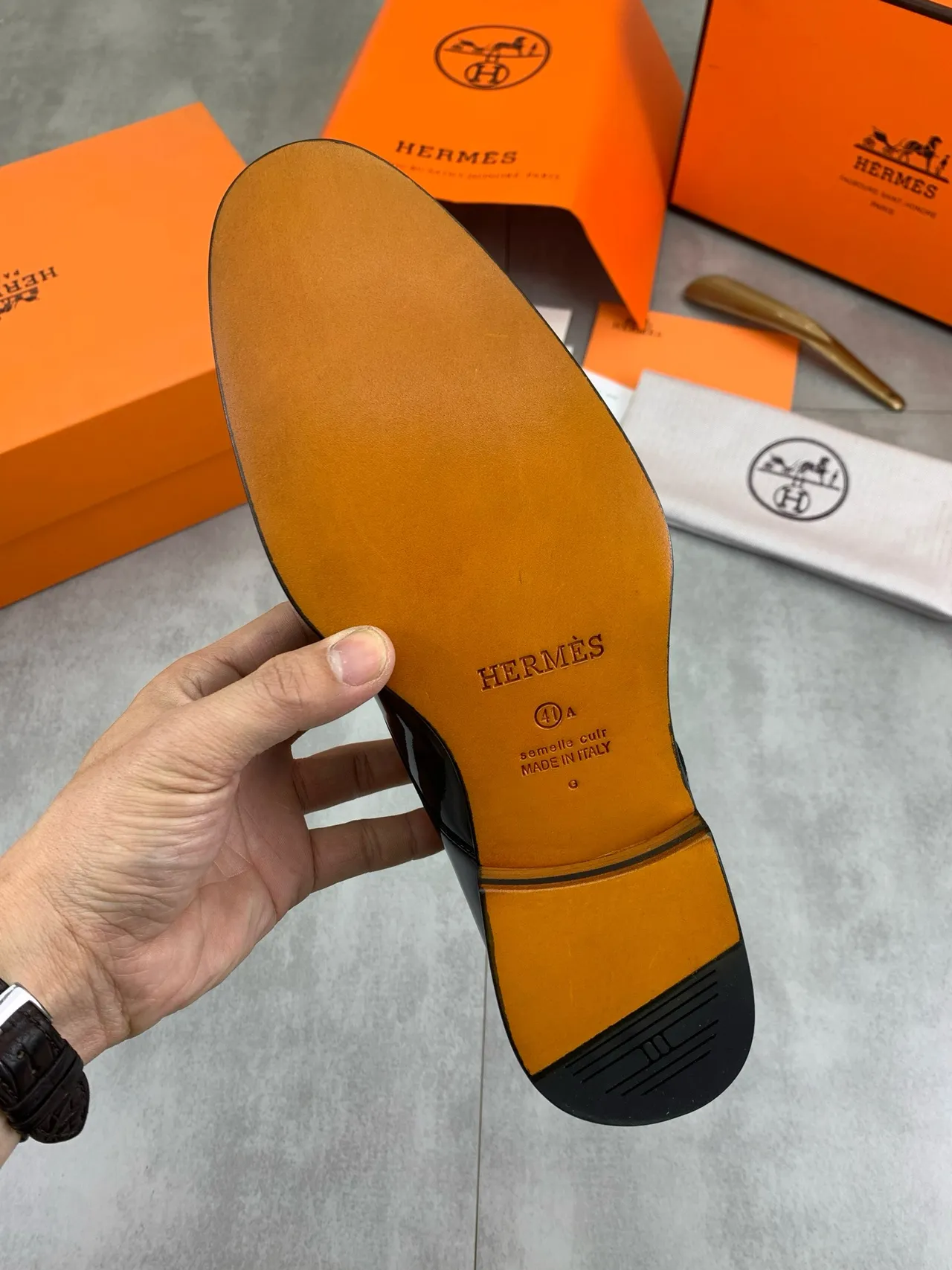 Hermès Black Silver Glossy Patent Leather Single Strap Monk Shoes