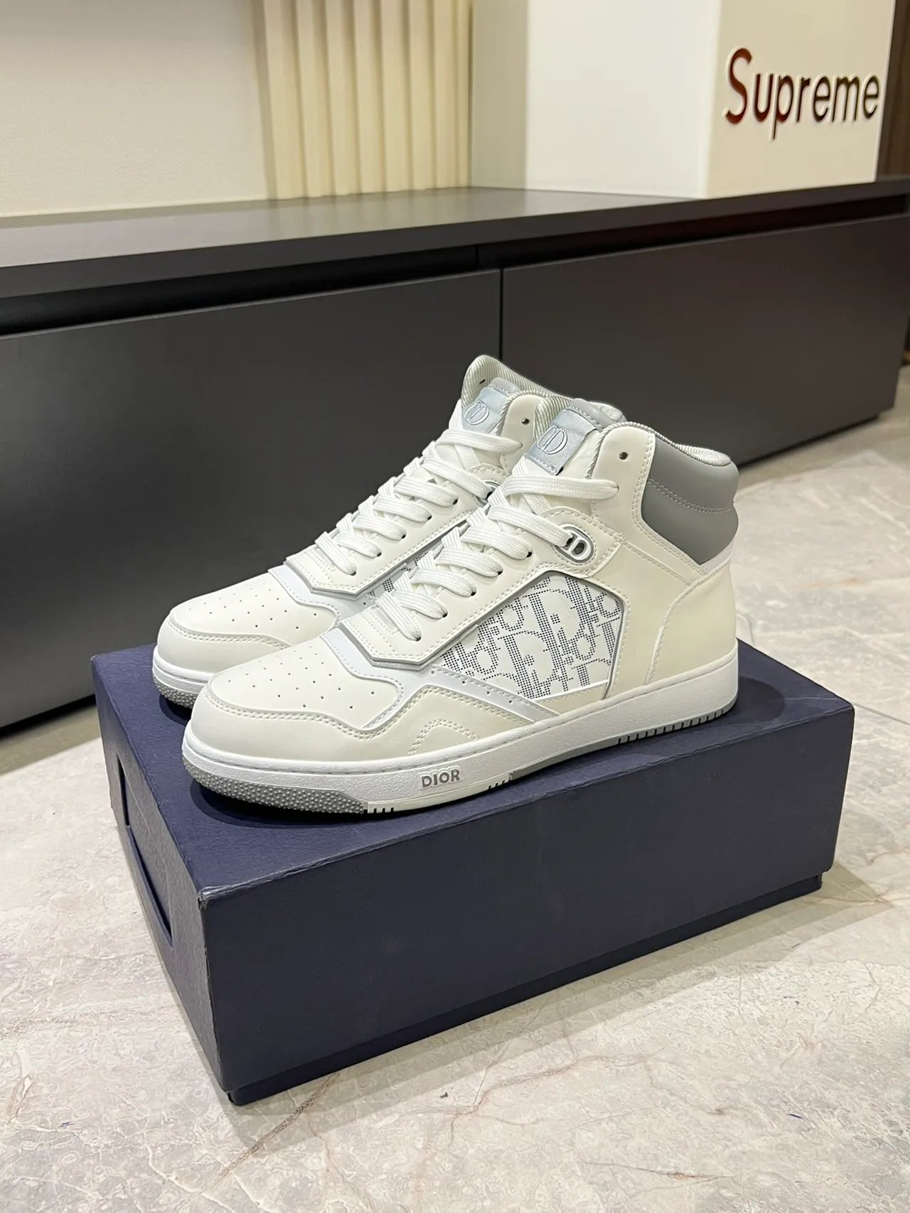 Dior B23 White and Gray Monogram High-Top Lifestyle Sneakers