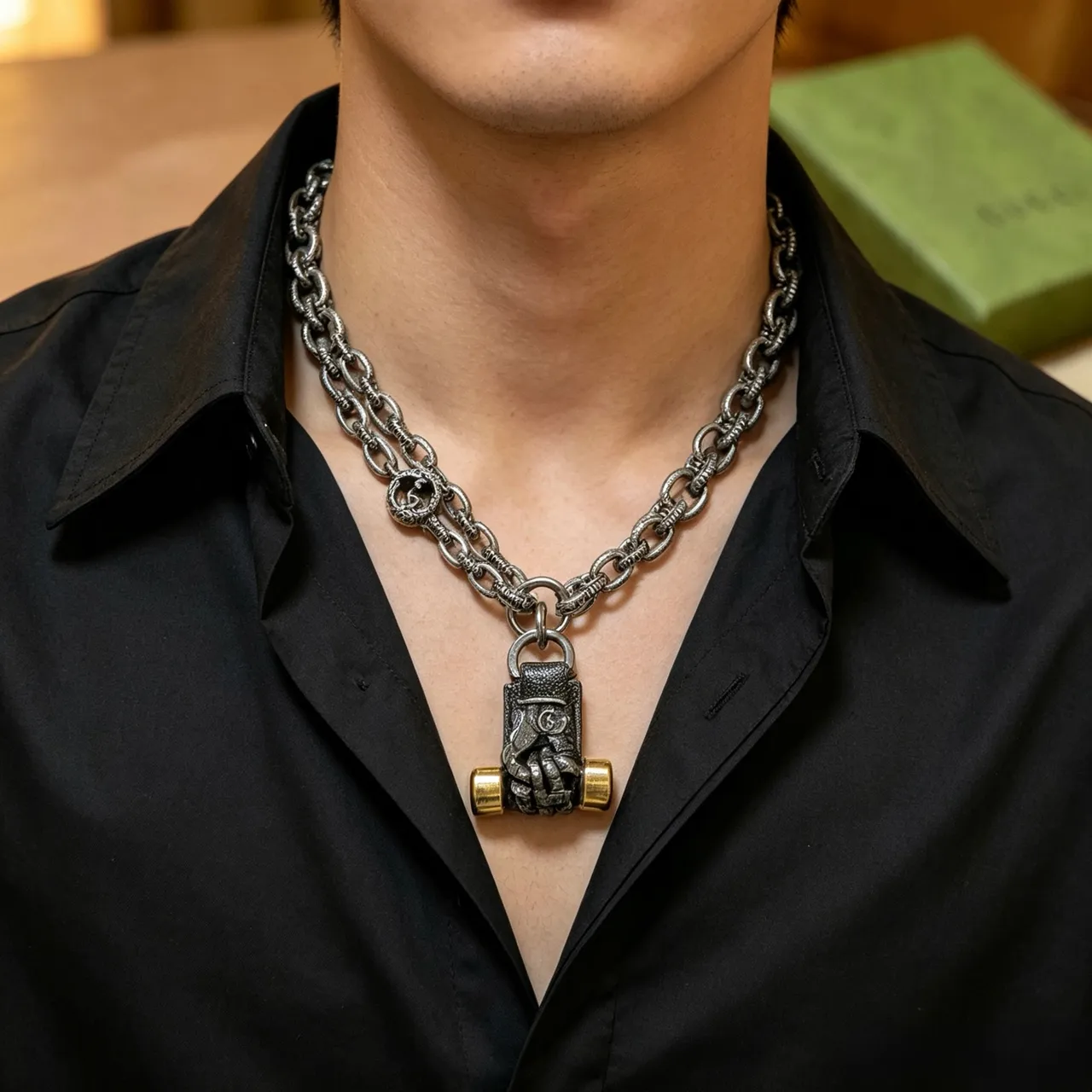 Gucci Fist Pendant Silver Gold Oxidized Chain Sculpted Necklace