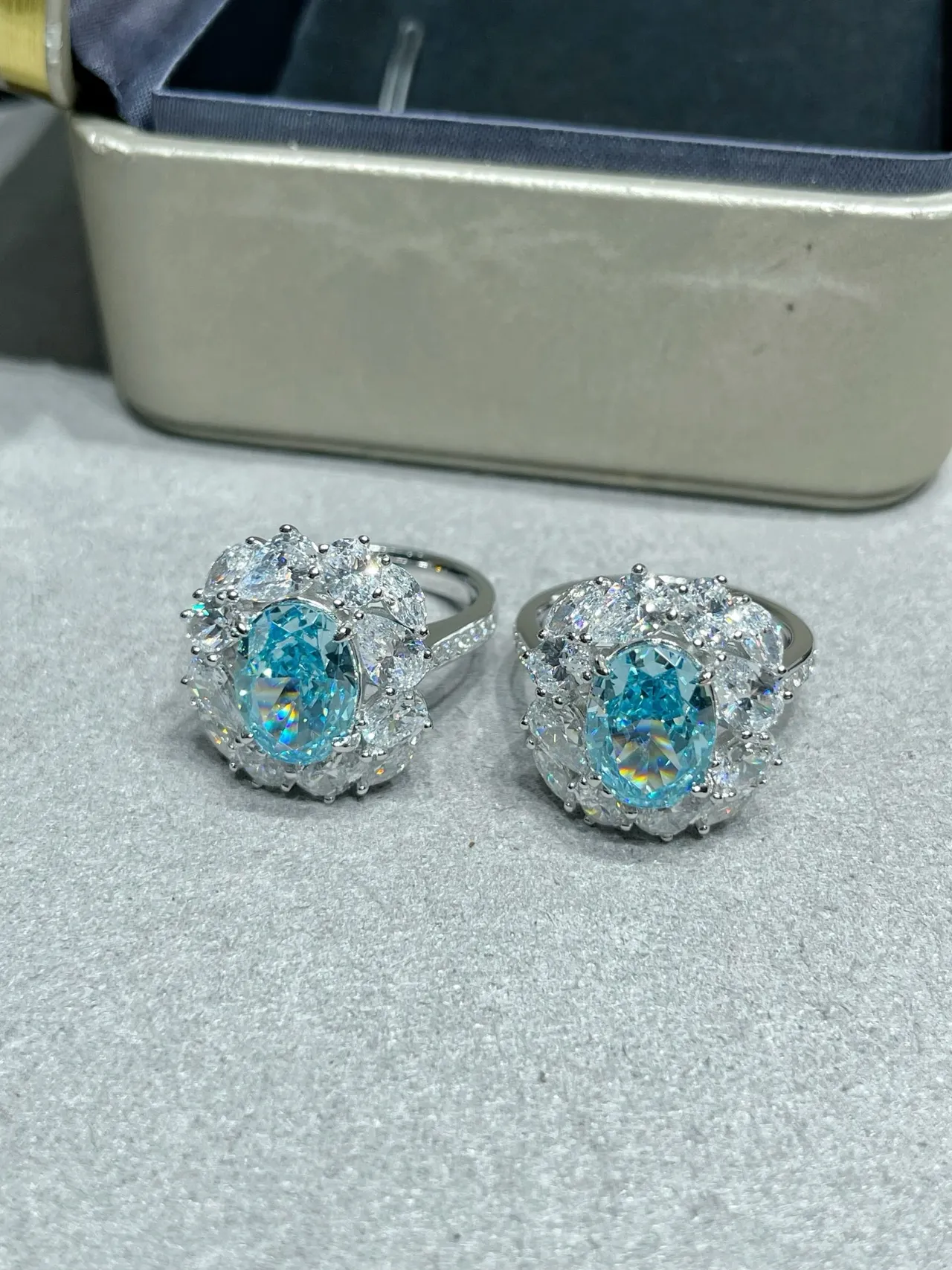 Oval Blue Gemstone Halo Cluster Ring