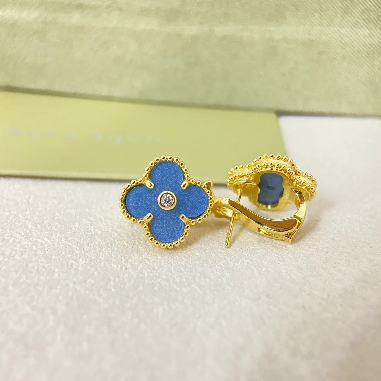 Van Cleef & Arpels Alhambra Blue Enamel and Diamond Four-Leaf Clover Earrings