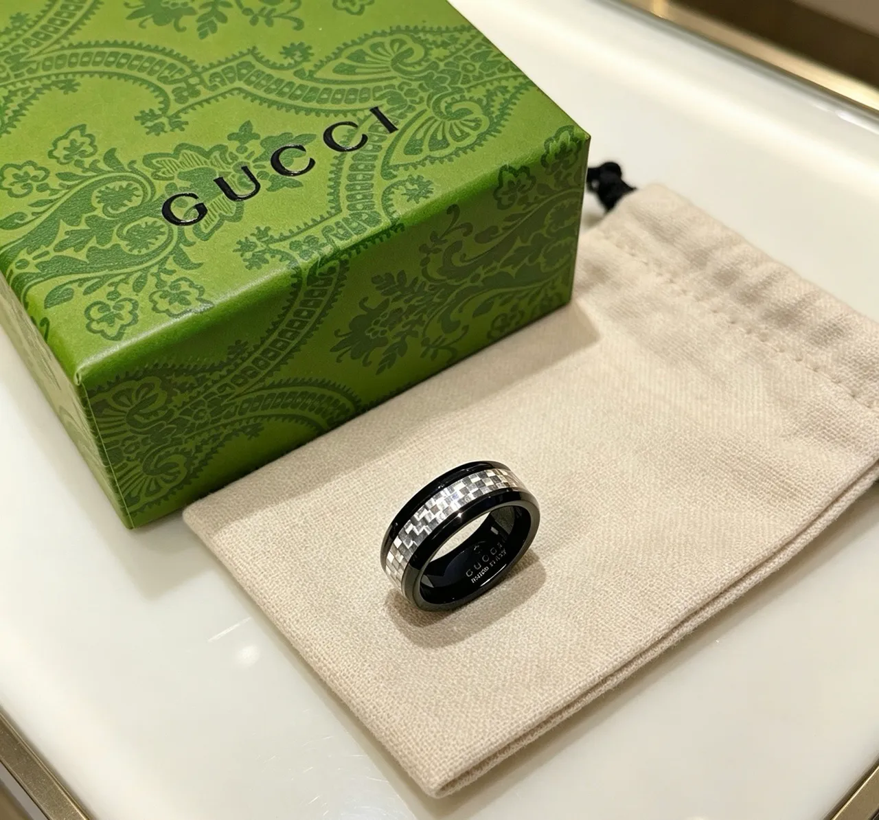 Gucci Mosaic Black Silver Ceramic Checkered Inlay Ring
