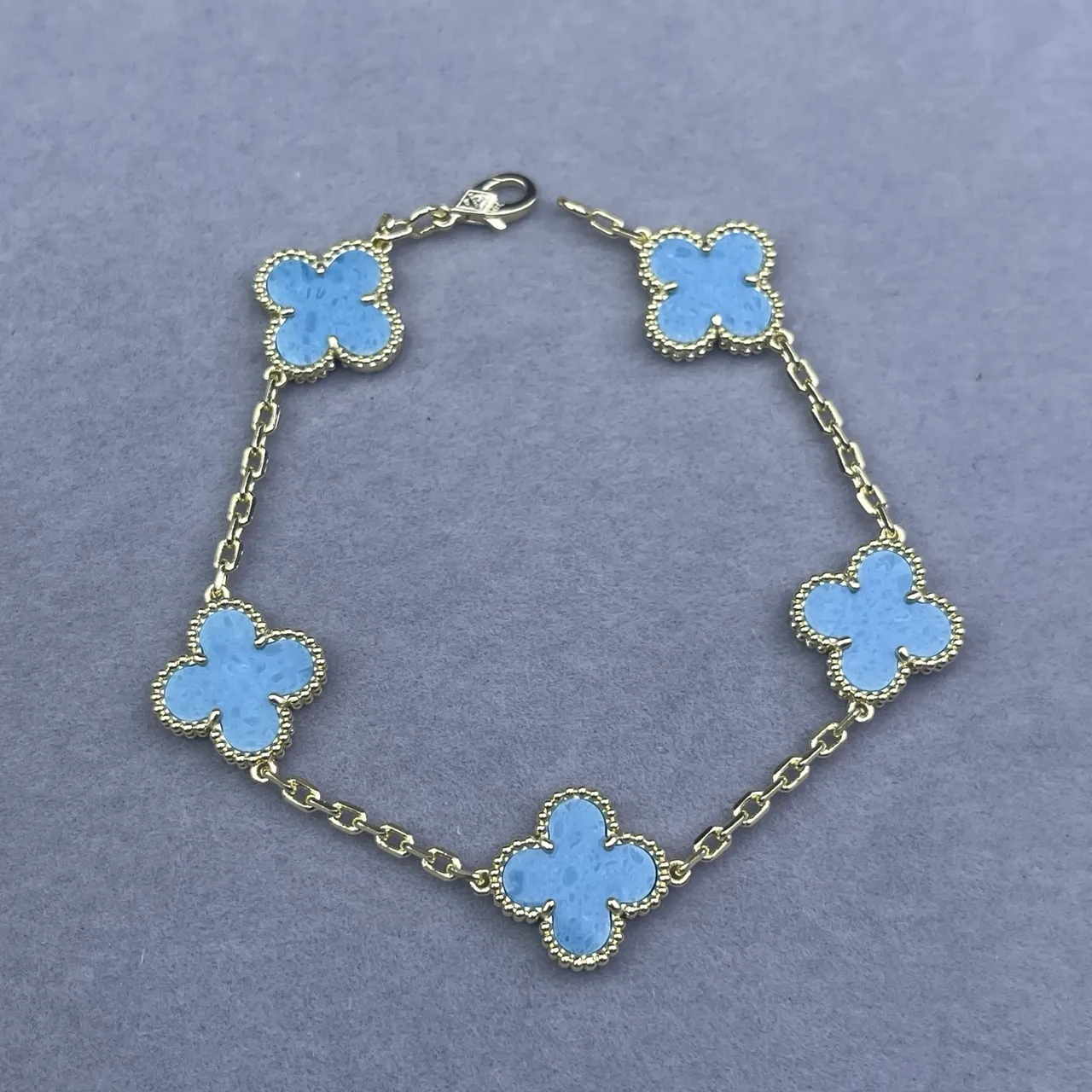 Blue Gold Chain Five Clover-Shaped Enamel Charms Bracelet