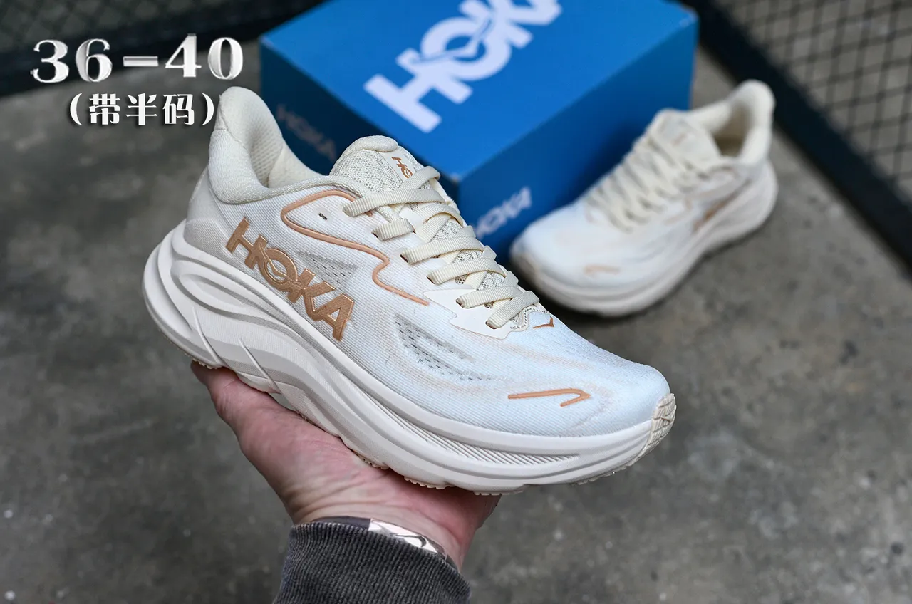 Hoka White Beige Engineered Knit Upper Sculpted Foam Midsole Running Shoes