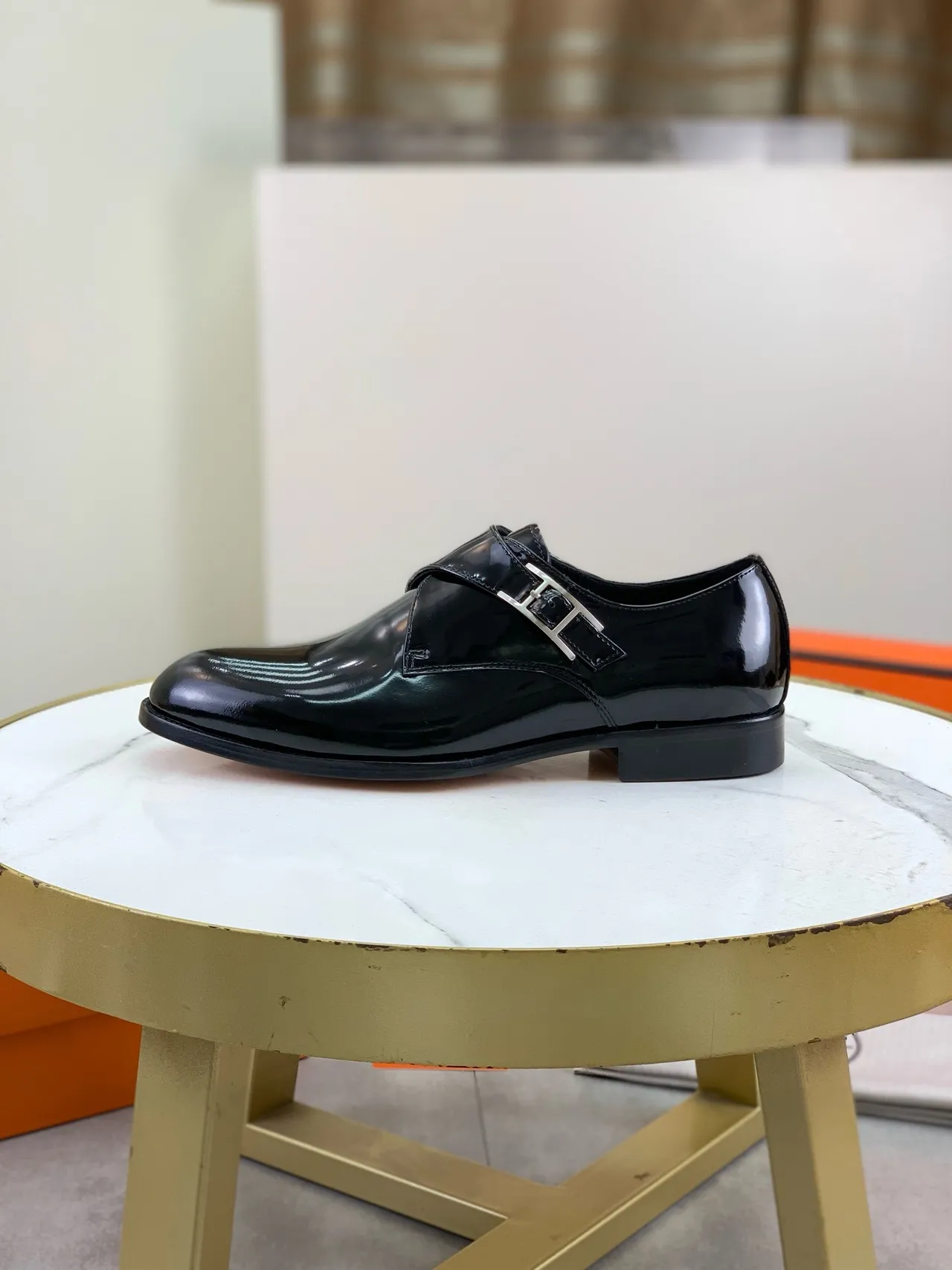 Hermès Black Silver Glossy Patent Leather Single Strap Monk Shoes