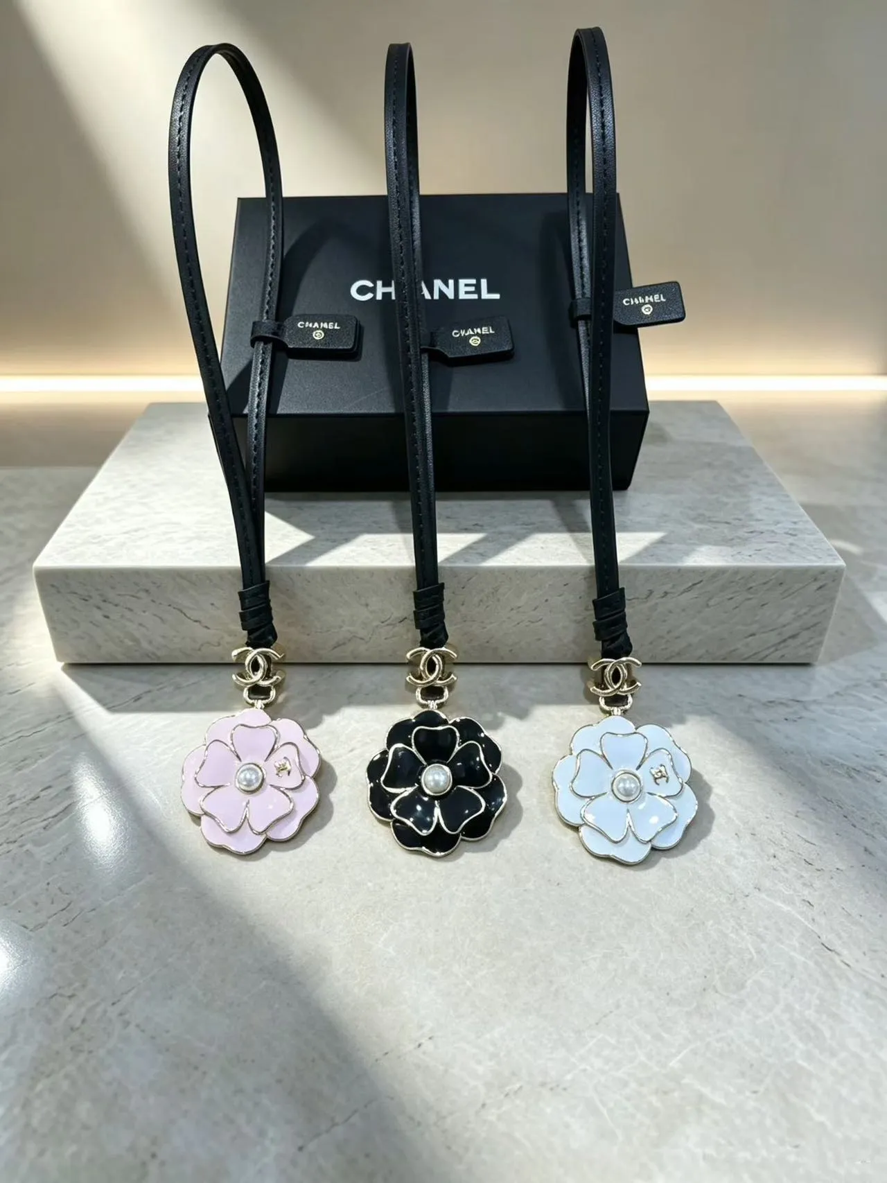 Chanel Camellia Charm Black Multicolor Enamel Pendant Pearl Center Handbag