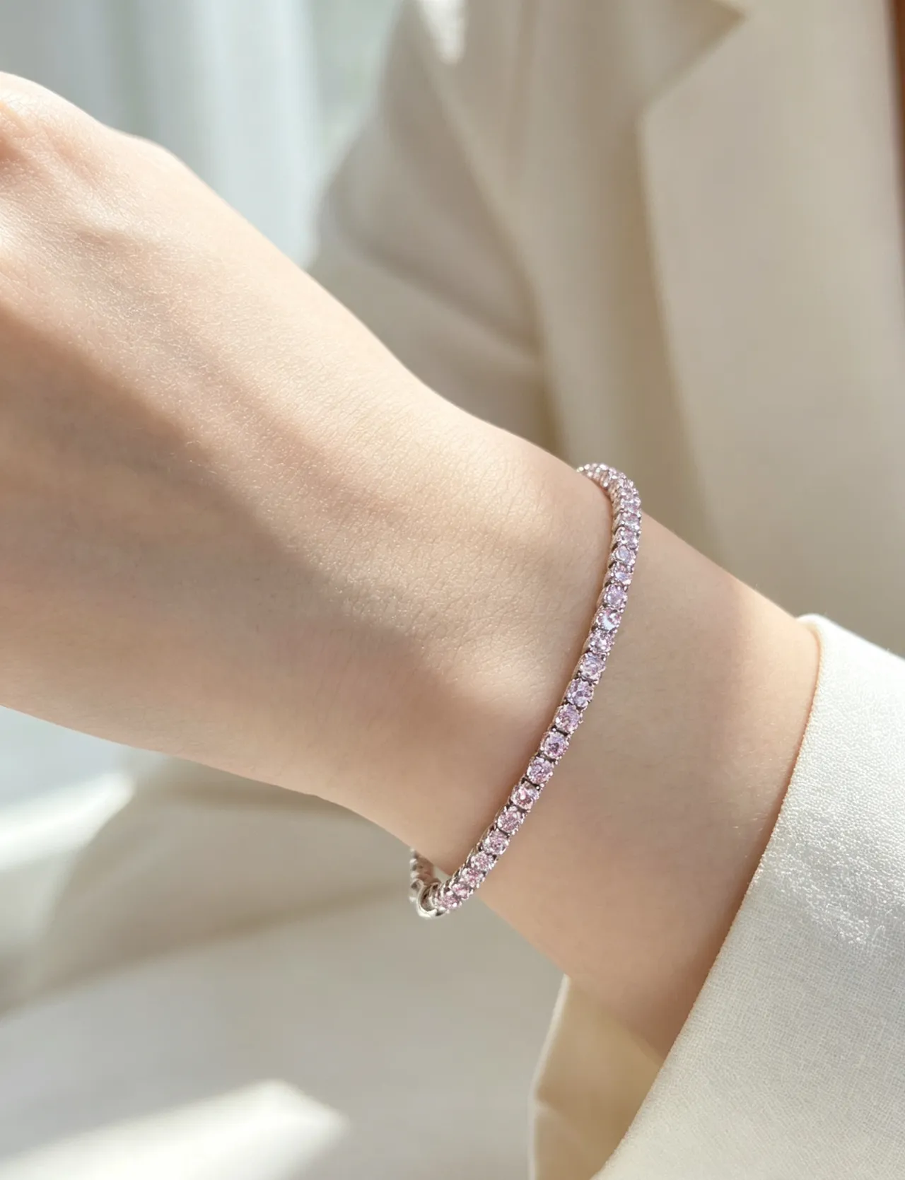 Tiffany & Co. Pink Silver Pavé-Set Gemstones Alternating Clear Stone Accents Bracelet