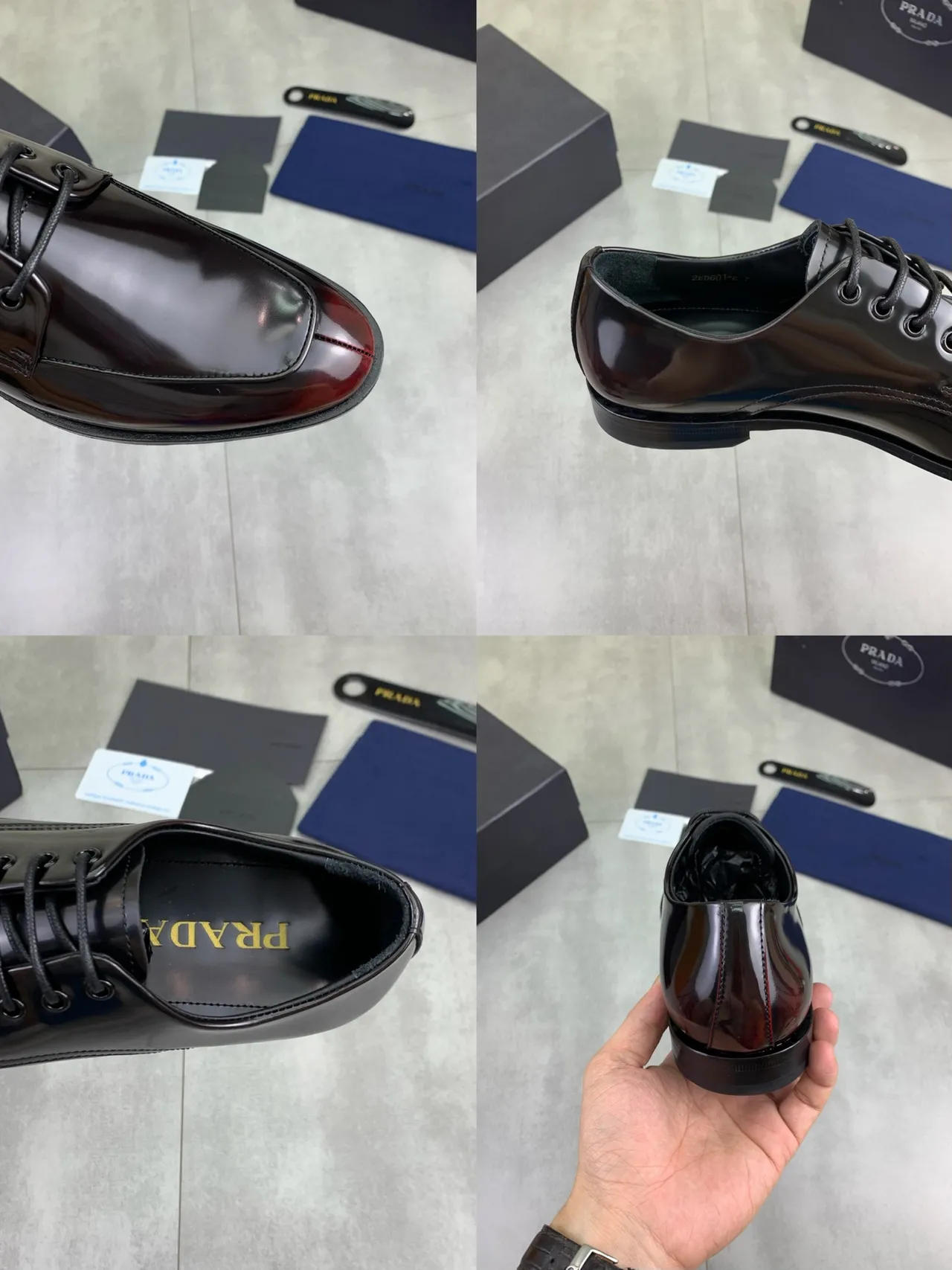 Prada Black Burgundy High-Gloss Patent Leather Cap-Toe Oxford Shoes