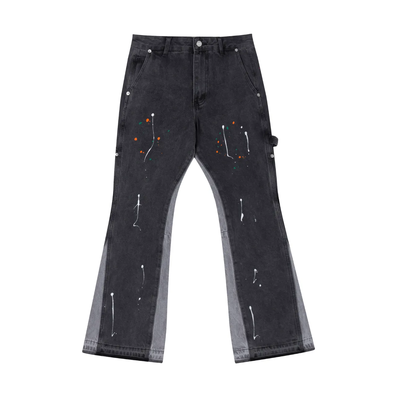 Black Paint-Splatter Flared Contrast-Panel Jeans