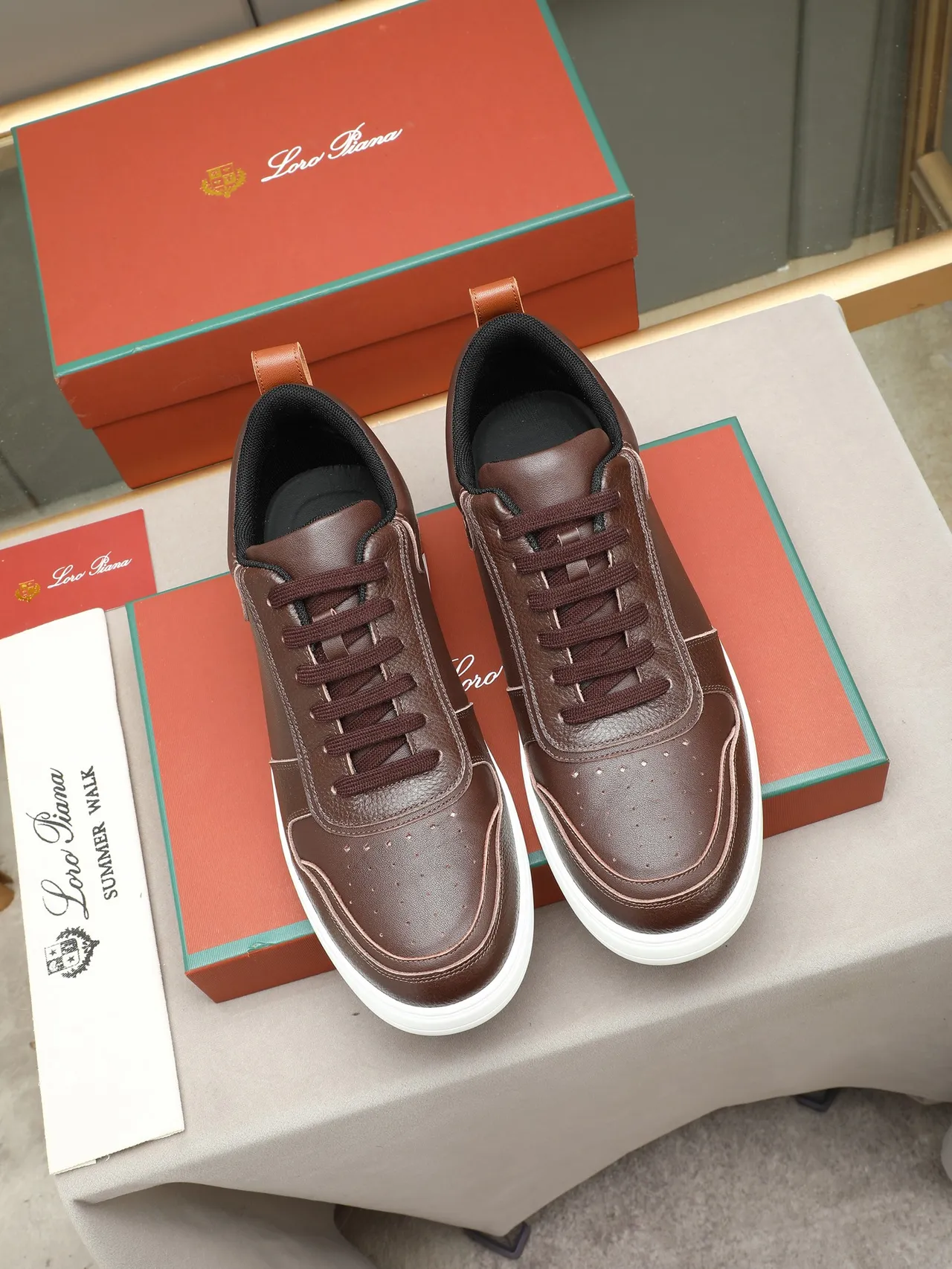 Loro Piana Brown Leather Low-Top Sneaker