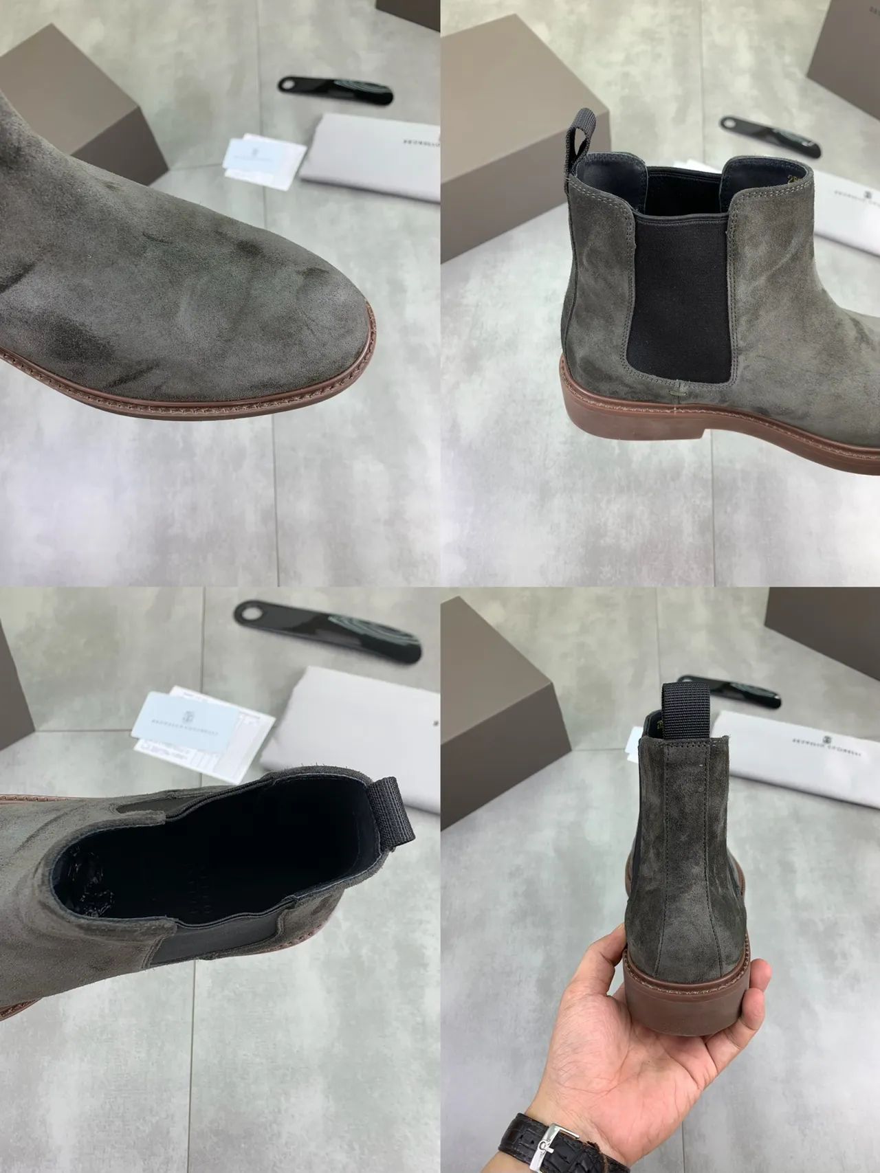 Gray Black Suede Upper Elastic Side Gussets Chelsea Boots