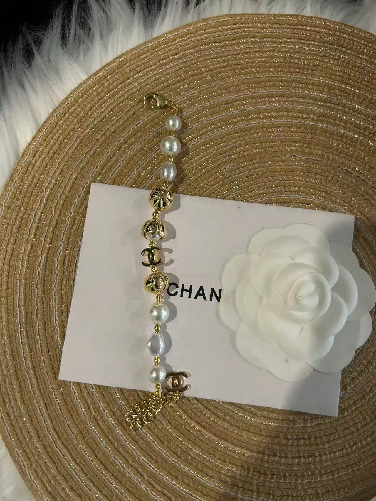Chanel Pearl and CC Charm Bracelet Gold White Chain Baroque Pearls Bracelet