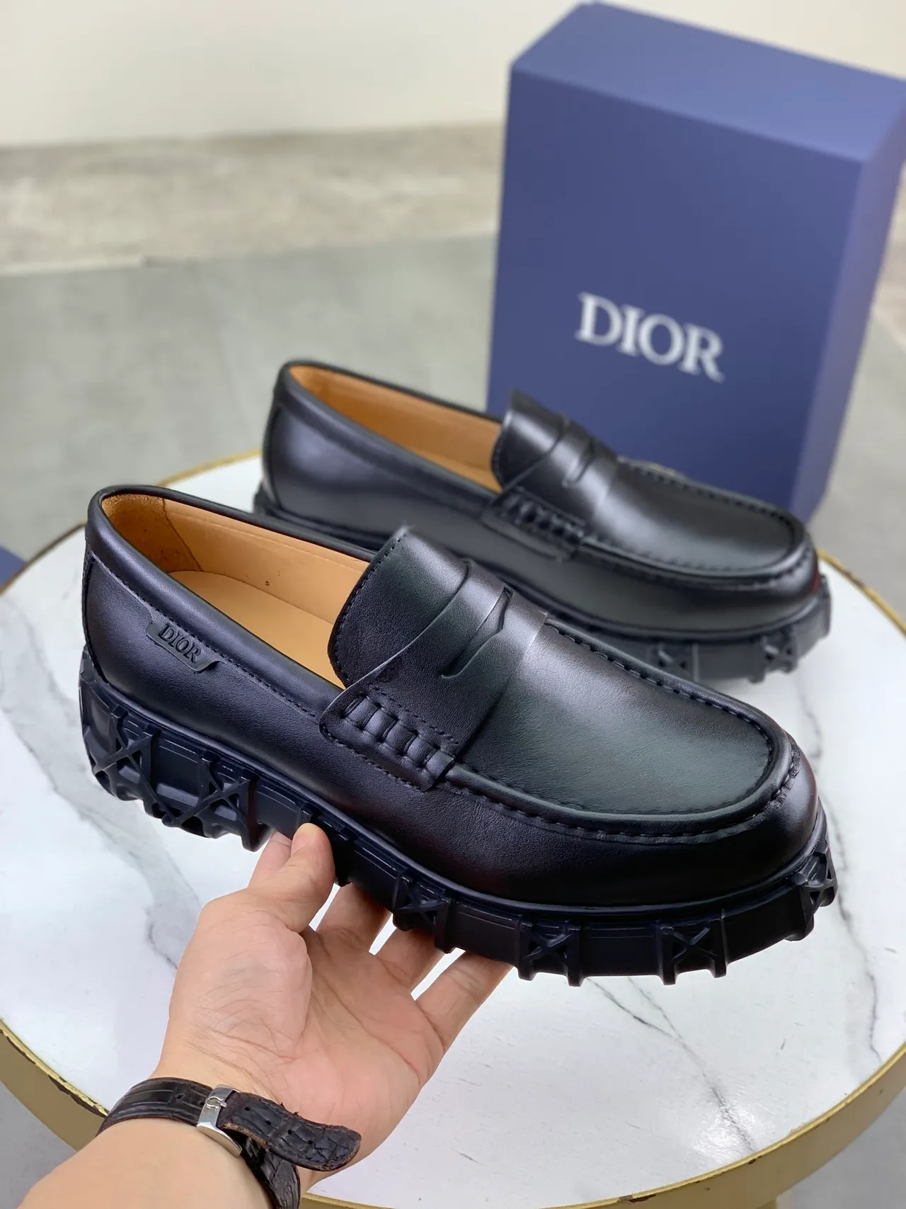 Dior Black Brown Penny Chunky Tread Sole Loafer