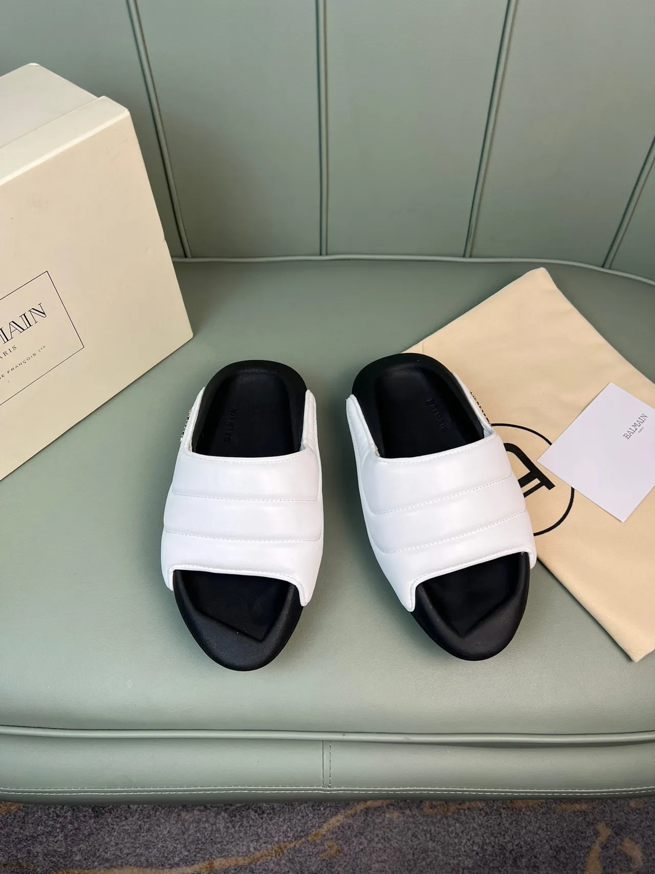Balmain B-Court White Black Quilted Strap Molded Sole Slippers