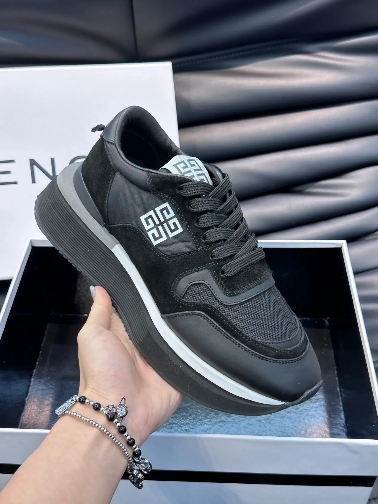 Givenchy Black White Platform Sole Mixed-Material Upper Chunky Sneakers