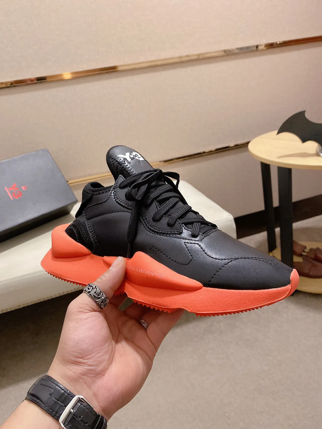 Yohji Yamamoto Black Orange Sculpted Midsole Matte Leather Upper Chunky Sneakers