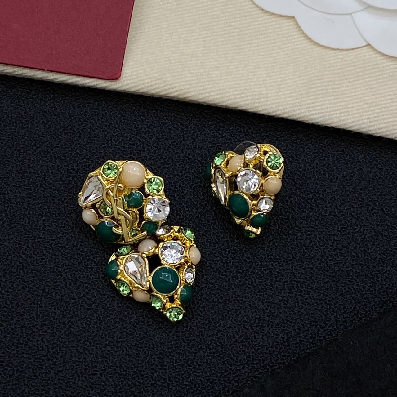 Chanel Green Gold Heart-Shaped Cluster-Set Earrings