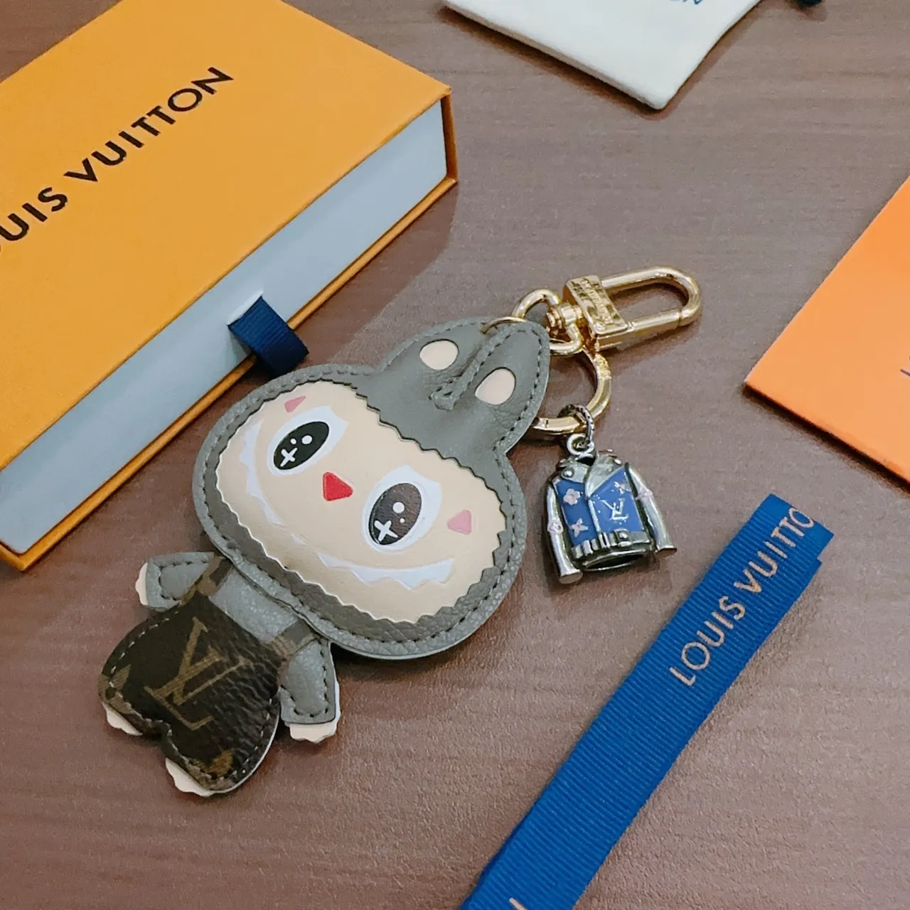 Louis Vuitton Gray Beige Plush Character Design Leather-Trimmed Appliqué Phone Accessory
