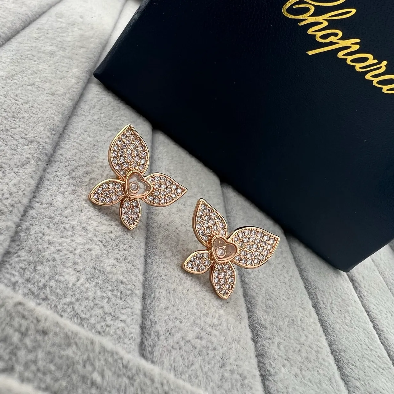 Chopard Happy Hearts Silver Gold Flower-Shaped Pavé-Set Earrings