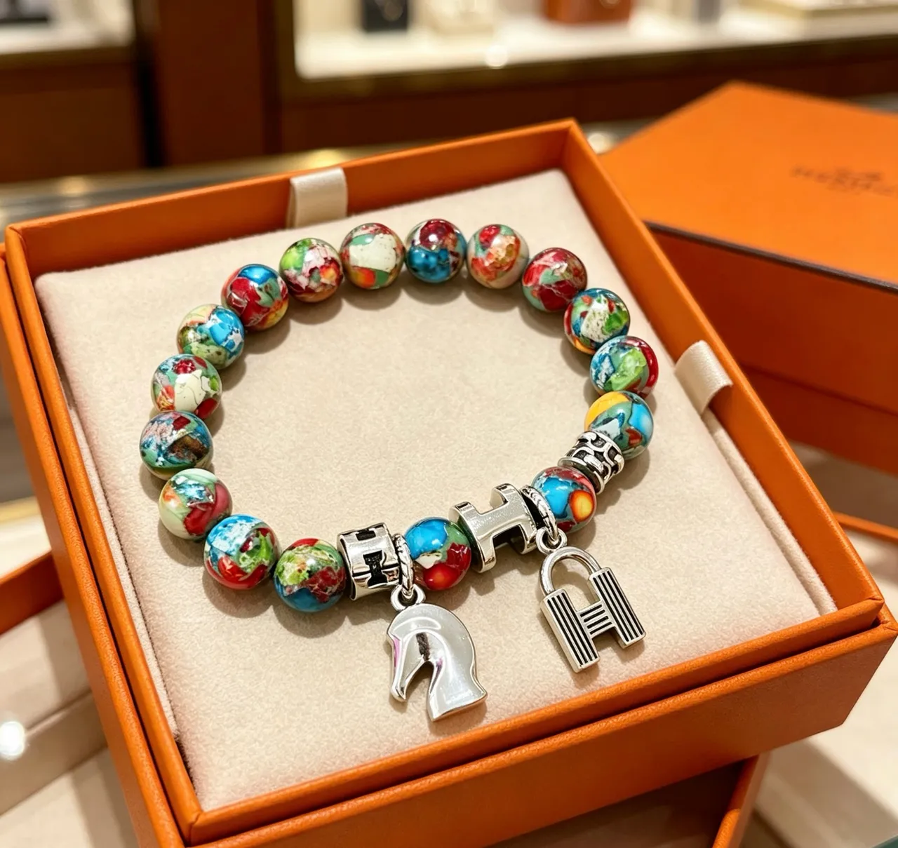 Hermès H Charm Bracelet Multicolor Enamel Bead Bracelet