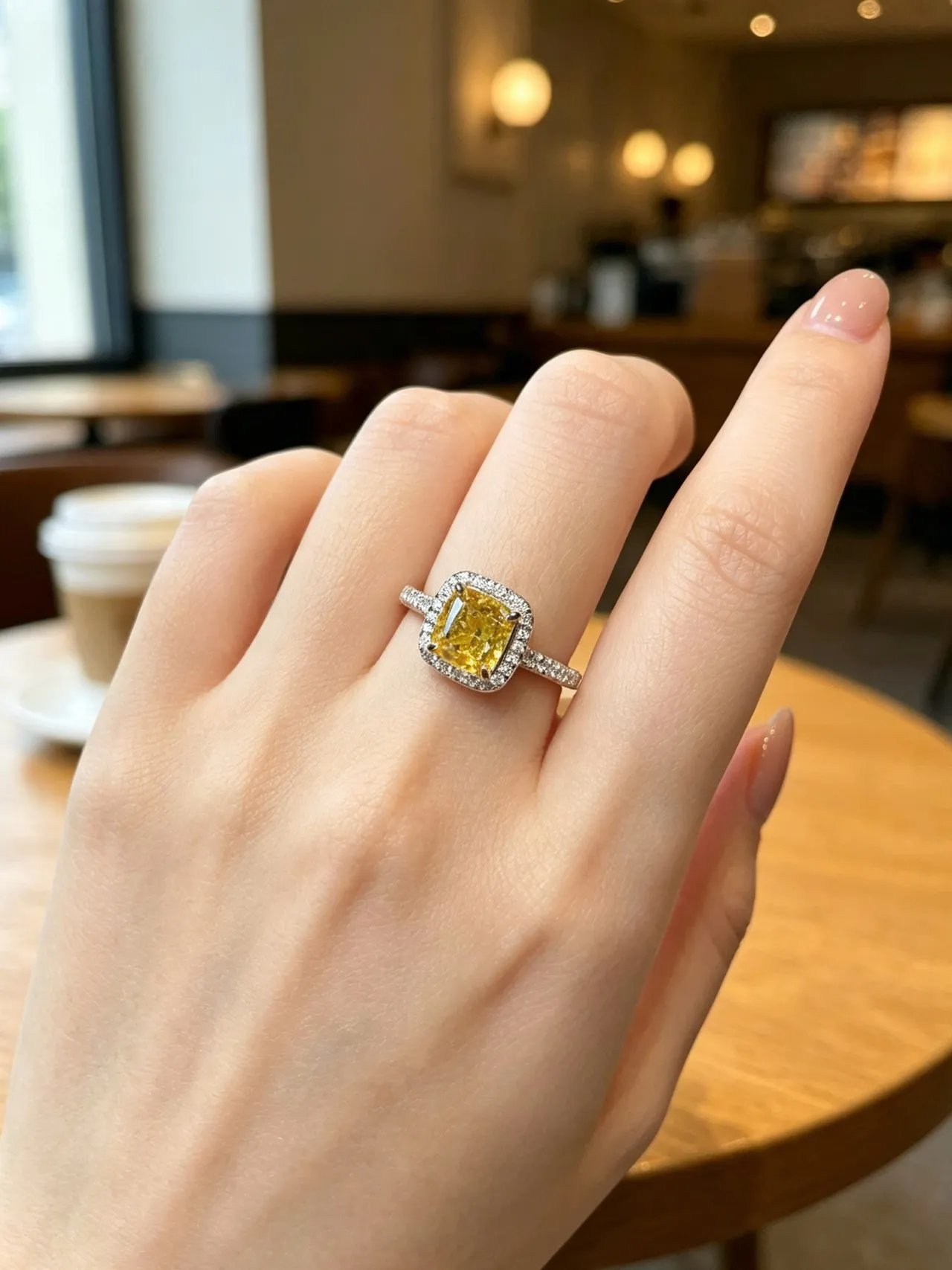 Yellow Silver Cushion-Cut Center Stone Halo Setting Ring