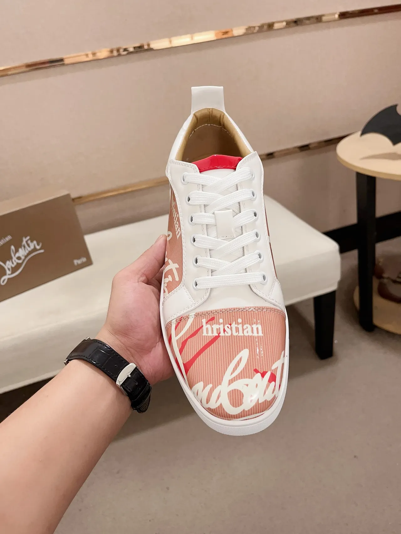 Christian Louboutin Pink White Low-Top Mixed-Material Upper Lifestyle Sneakers