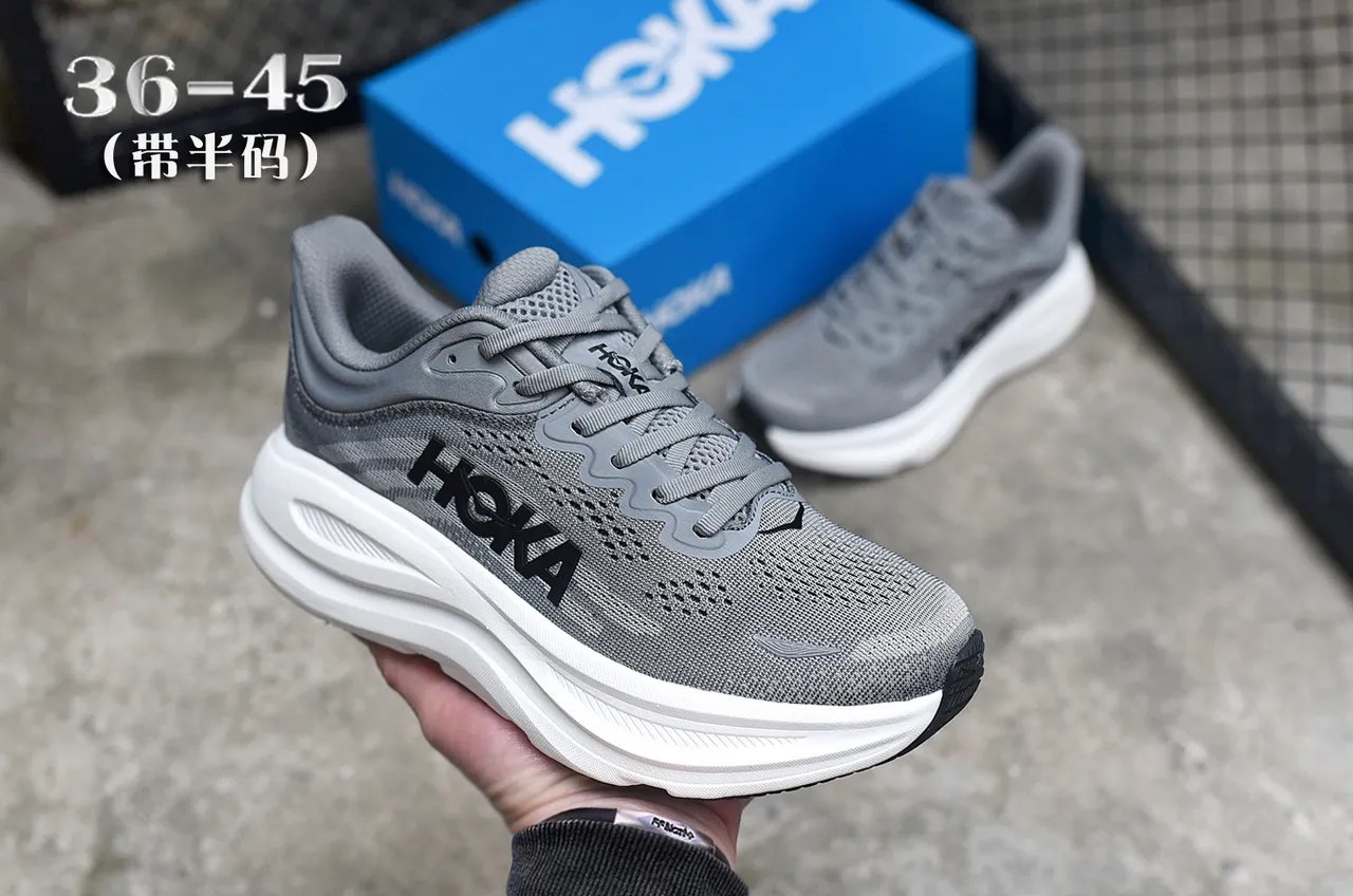 Hoka Gray White Engineered Mesh Upper Thick Midsole Running Shoes