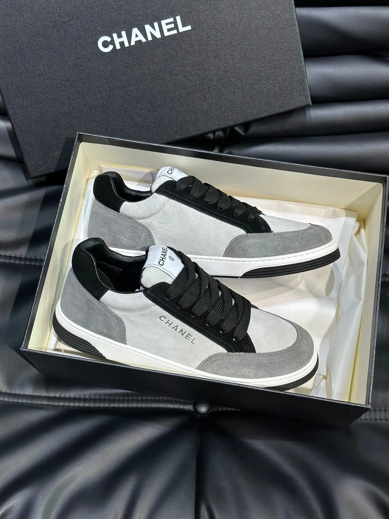 Chanel Gray Black Low-Top Suede-and-Leather Panelled Sneakers