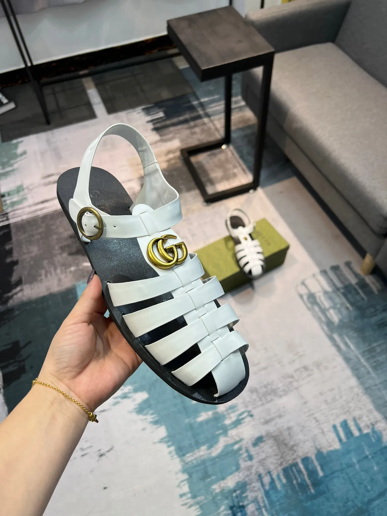 Gucci Gladiator Sandal White Gold Leather Strap Design Gladiator Sandals