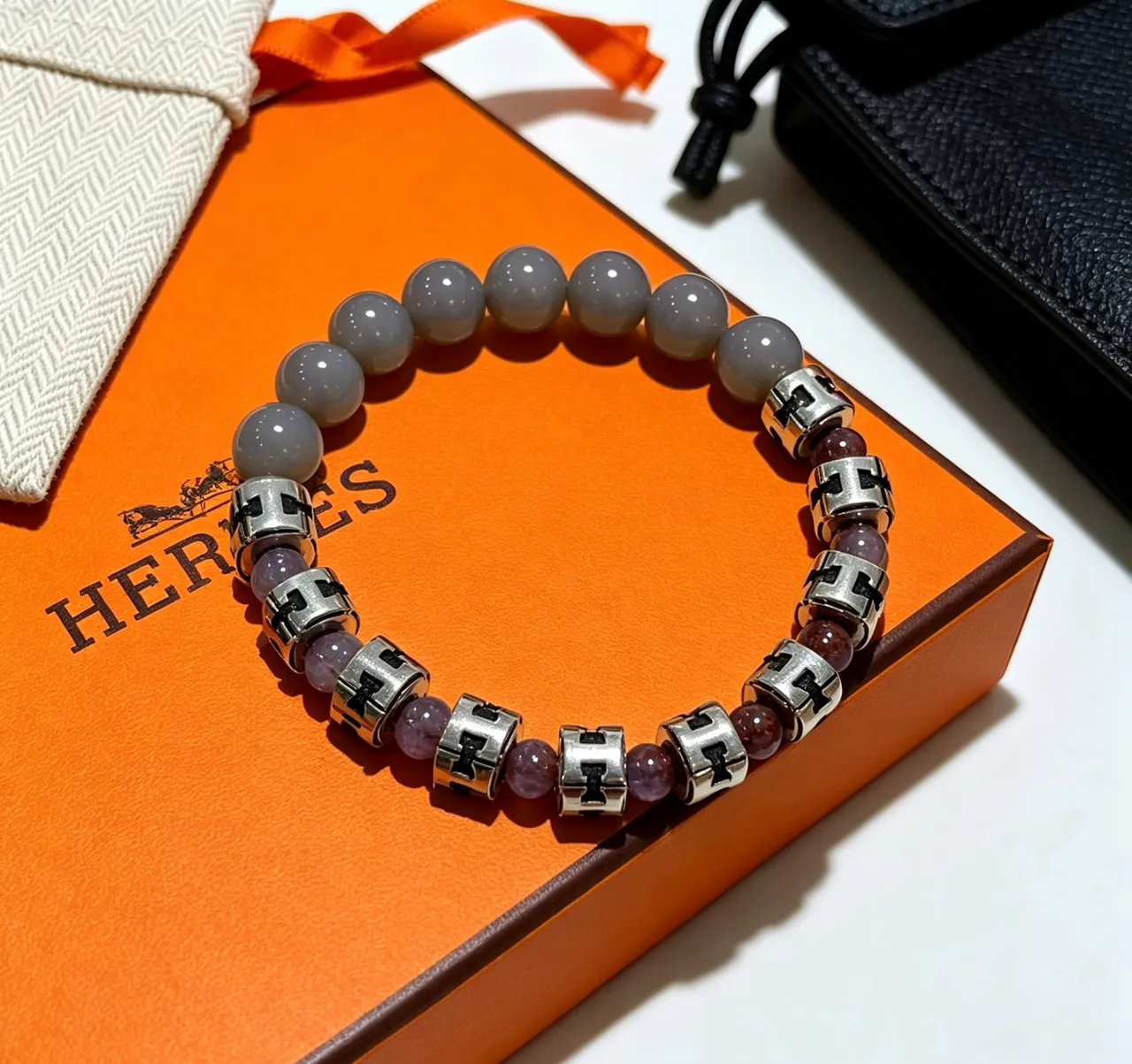 Hermès H-Spacer Gray Purple Beaded Bracelet
